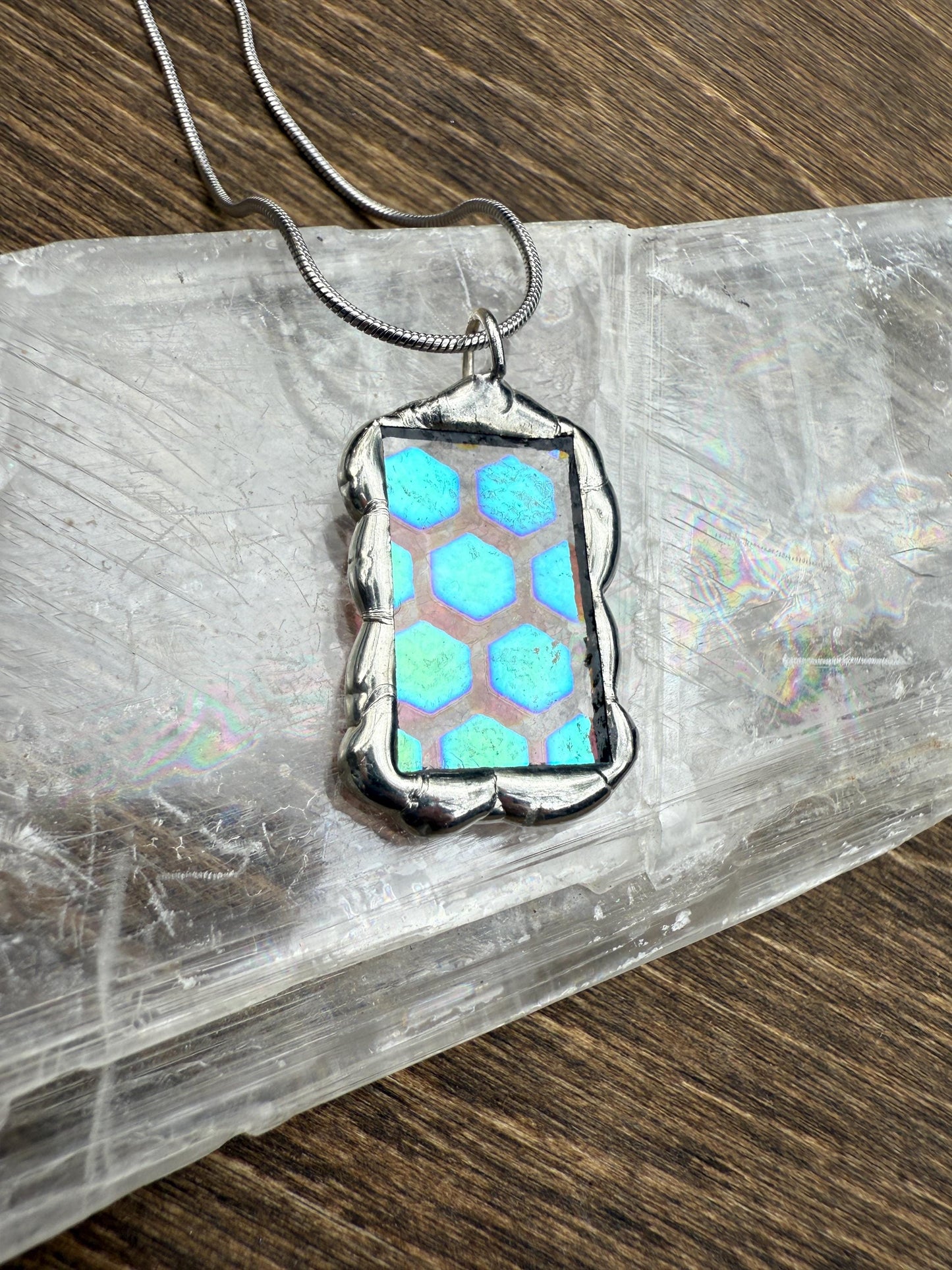 Geometric Iridescent Stained Glass Pendant | Brutalist Handmade Wearable Art + Whimsigoth Fashion