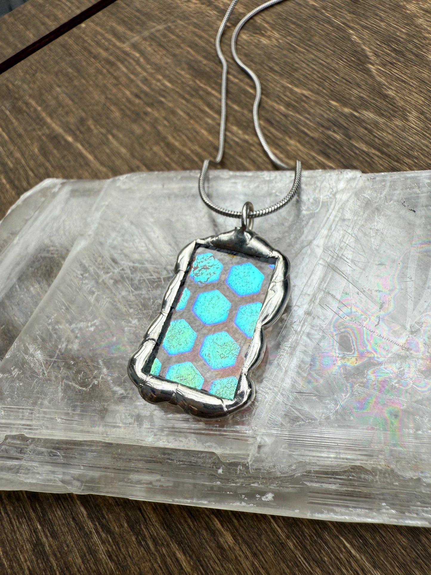 Geometric Iridescent Stained Glass Pendant | Brutalist Handmade Wearable Art + Whimsigoth Fashion