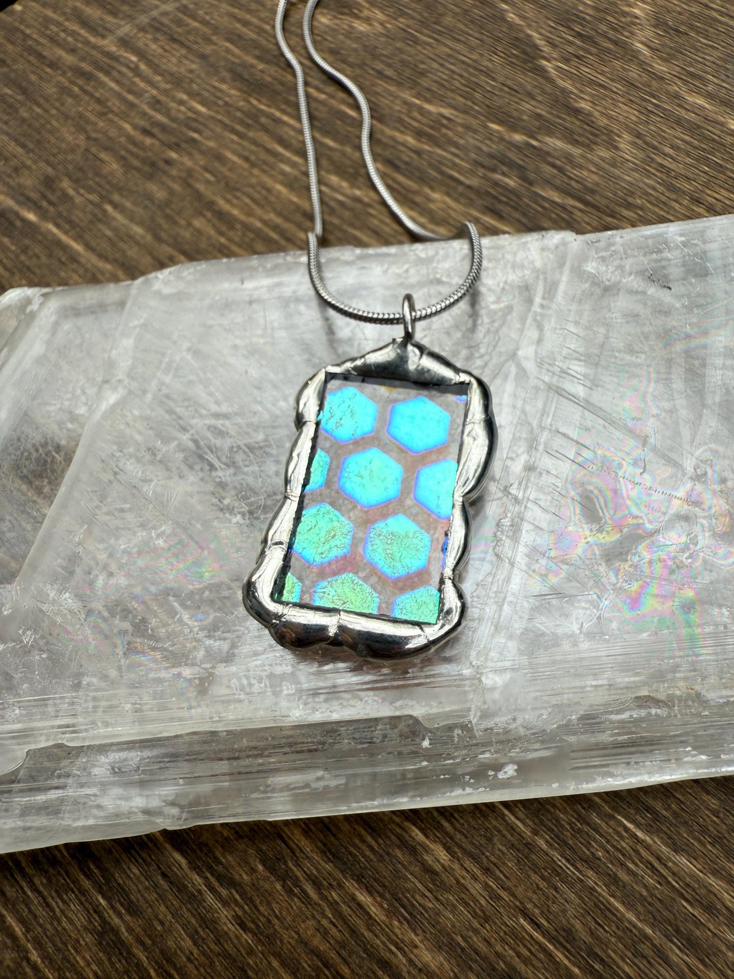Geometric Iridescent Stained Glass Pendant | Brutalist Handmade Wearable Art + Whimsigoth Fashion