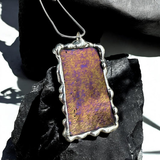 Gold + Purple Iridescent Stained Glass Pendant | Brutalist Handmade Wearable Art + Whimsigoth Fashion