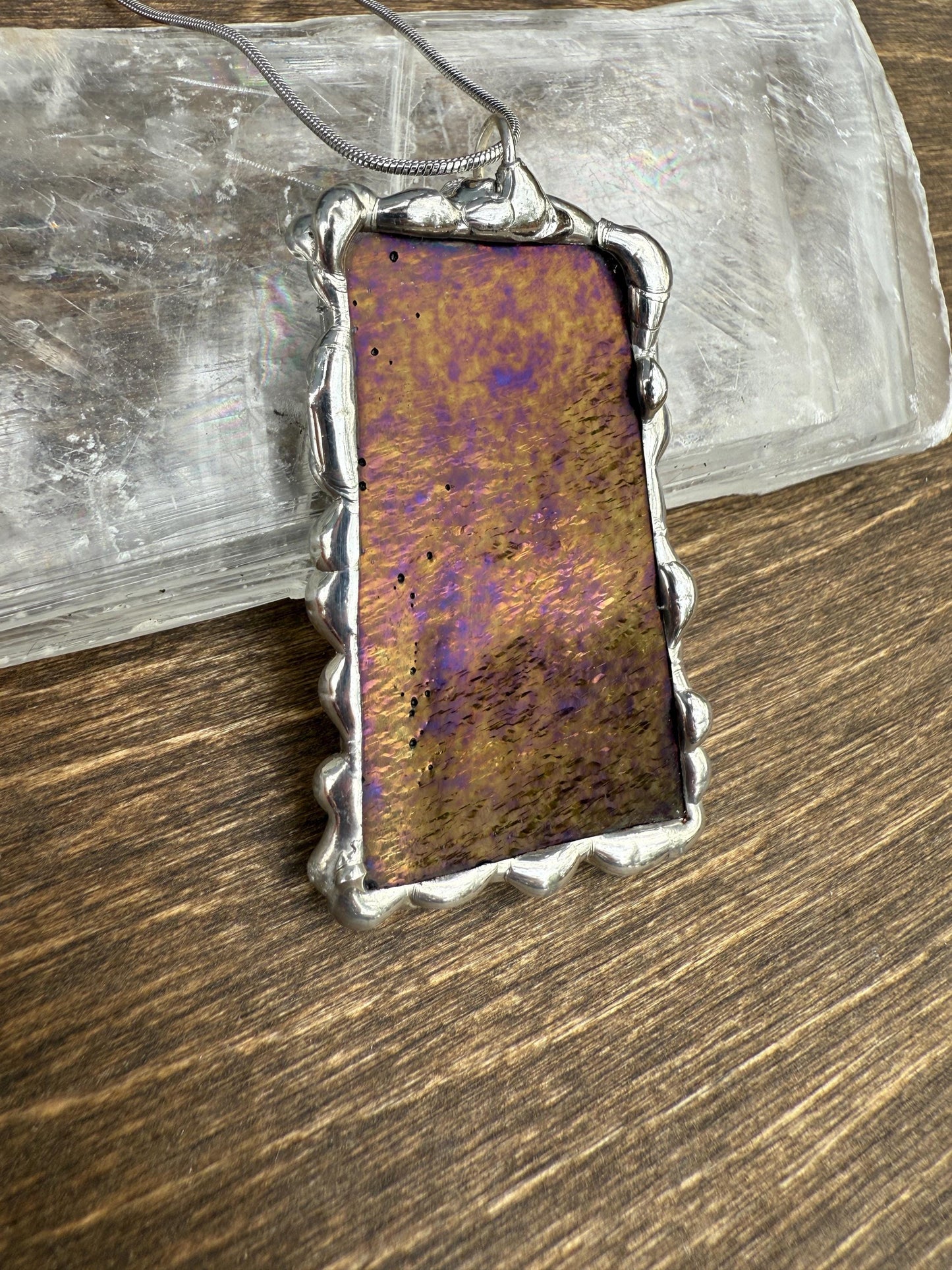 Gold + Purple Iridescent Stained Glass Pendant | Brutalist Handmade Wearable Art + Whimsigoth Fashion