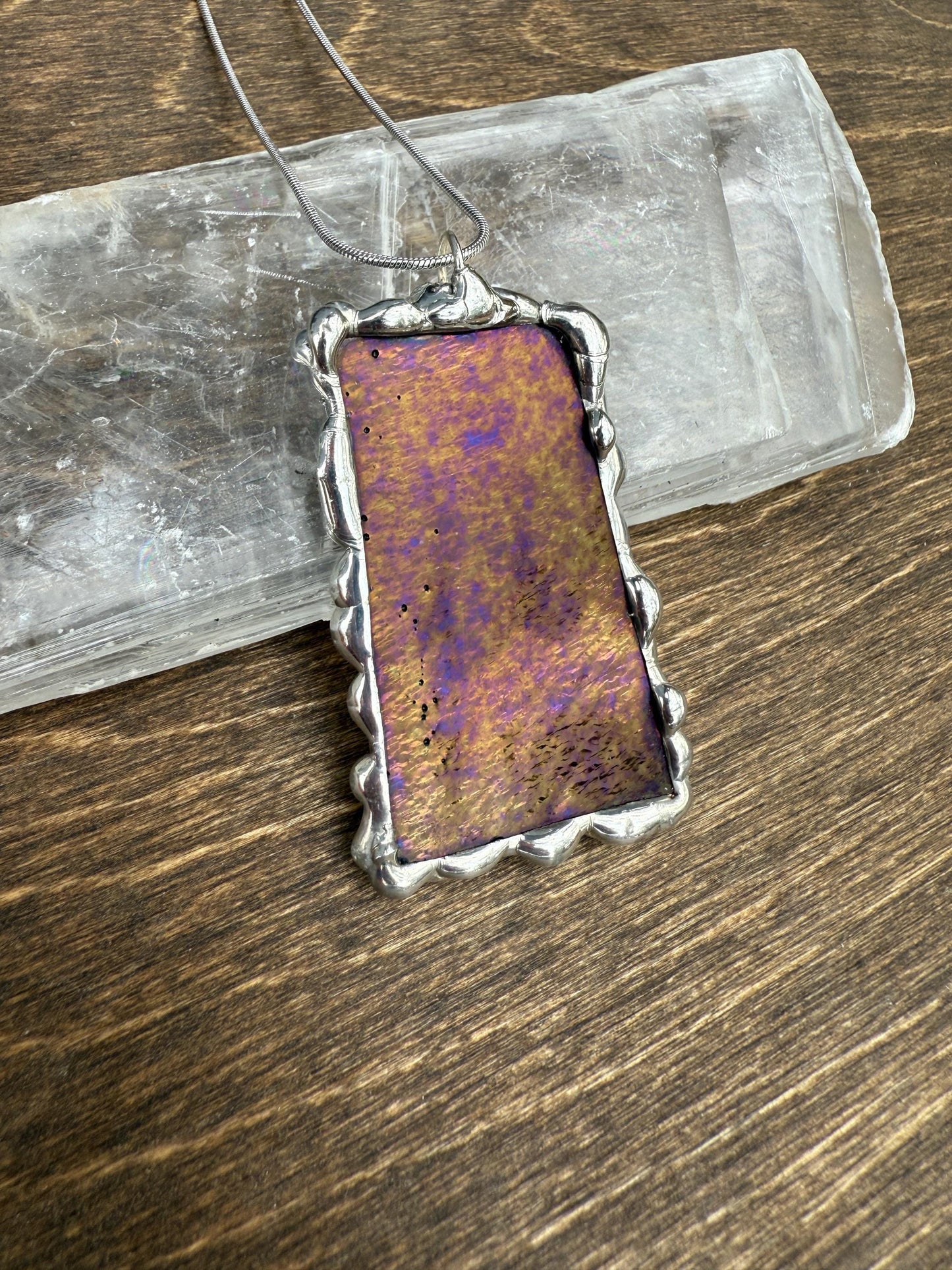 Gold + Purple Iridescent Stained Glass Pendant | Brutalist Handmade Wearable Art + Whimsigoth Fashion