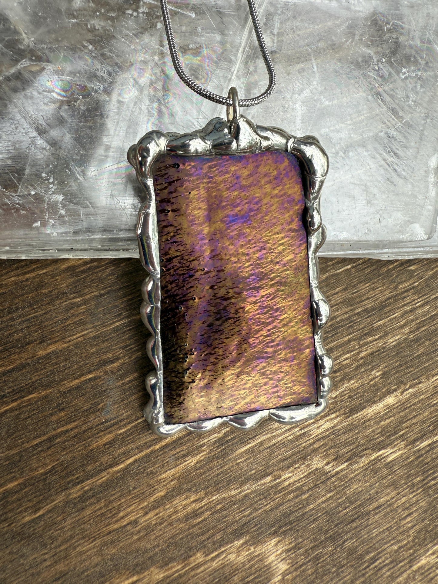Gold + Purple Iridescent Stained Glass Pendant | Brutalist Handmade Wearable Art + Whimsigoth Fashion