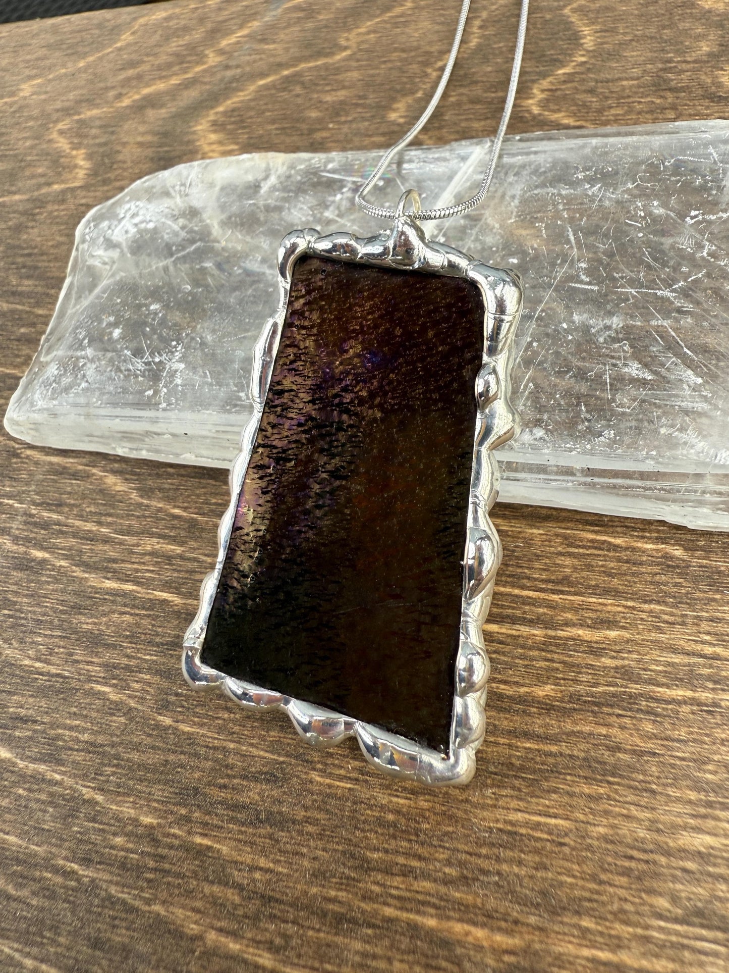 Gold + Purple Iridescent Stained Glass Pendant | Brutalist Handmade Wearable Art + Whimsigoth Fashion