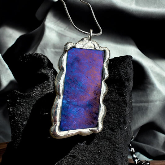 Purple + Blue Iridescent Stained Glass Pendant | Brutalist Geometric Handmade Wearable Art + Whimsigoth Fashion