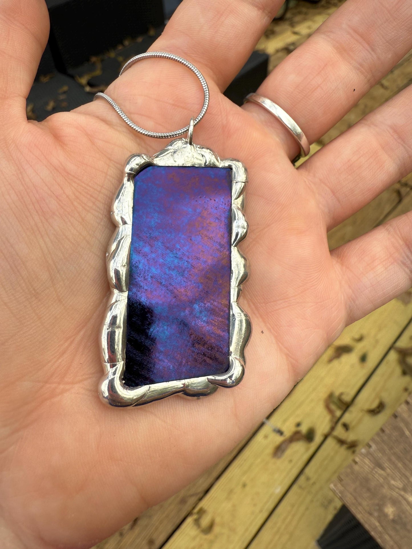 Purple + Blue Iridescent Stained Glass Pendant | Brutalist Geometric Handmade Wearable Art + Whimsigoth Fashion