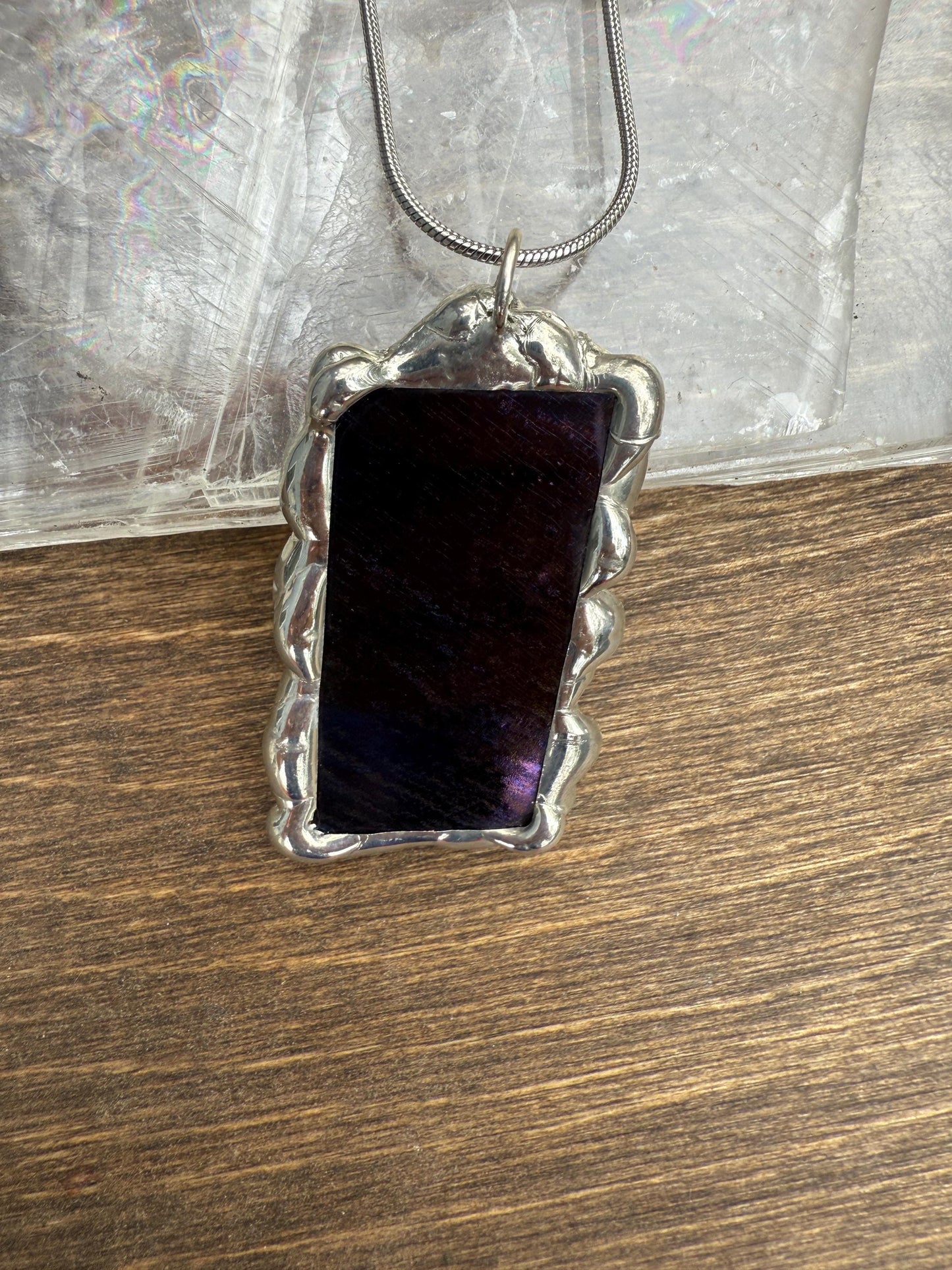 Purple + Blue Iridescent Stained Glass Pendant | Brutalist Geometric Handmade Wearable Art + Whimsigoth Fashion