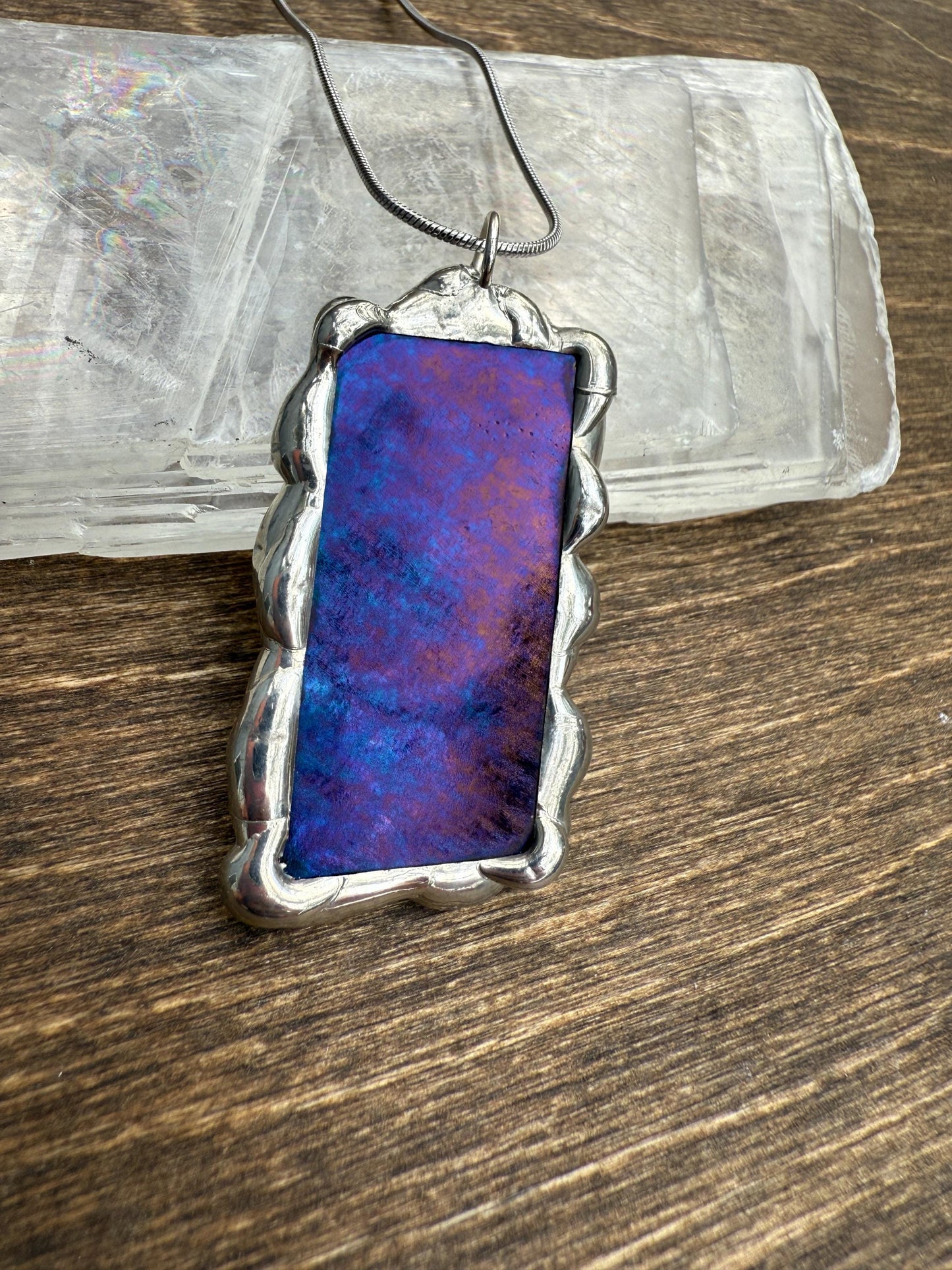 Purple + Blue Iridescent Stained Glass Pendant | Brutalist Geometric Handmade Wearable Art + Whimsigoth Fashion