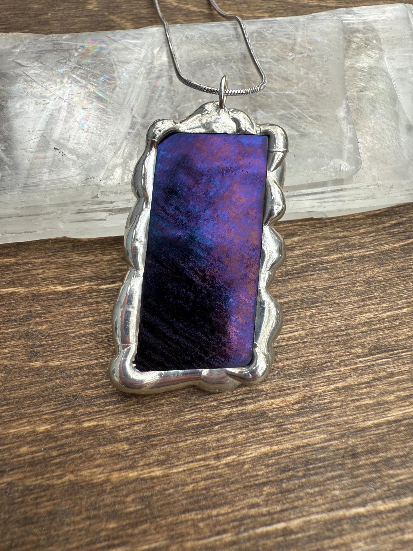 Purple + Blue Iridescent Stained Glass Pendant | Brutalist Geometric Handmade Wearable Art + Whimsigoth Fashion