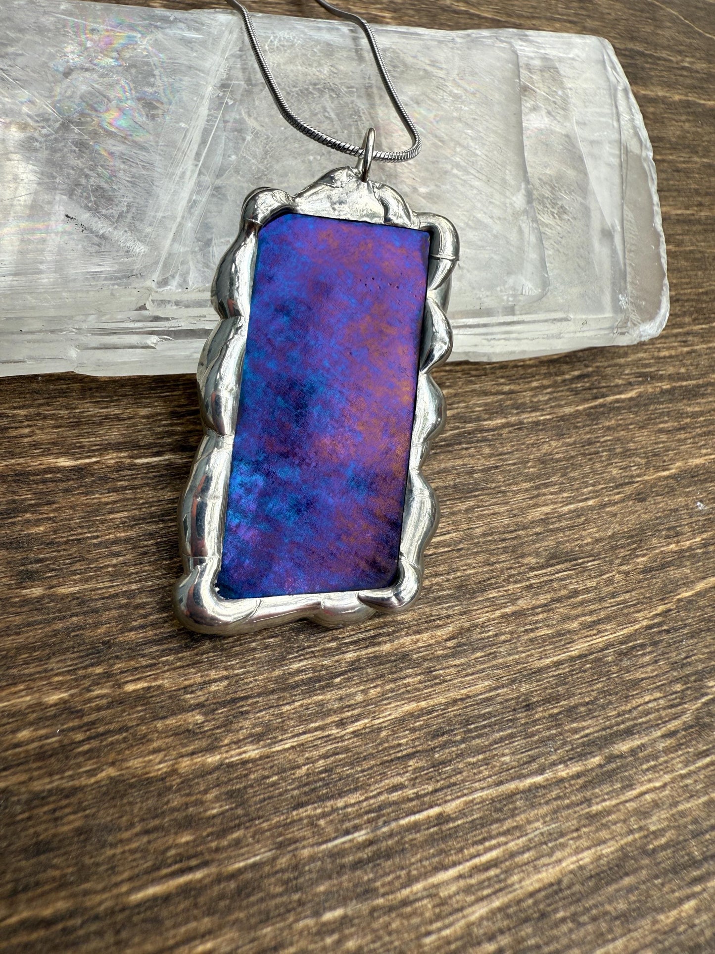 Purple + Blue Iridescent Stained Glass Pendant | Brutalist Geometric Handmade Wearable Art + Whimsigoth Fashion