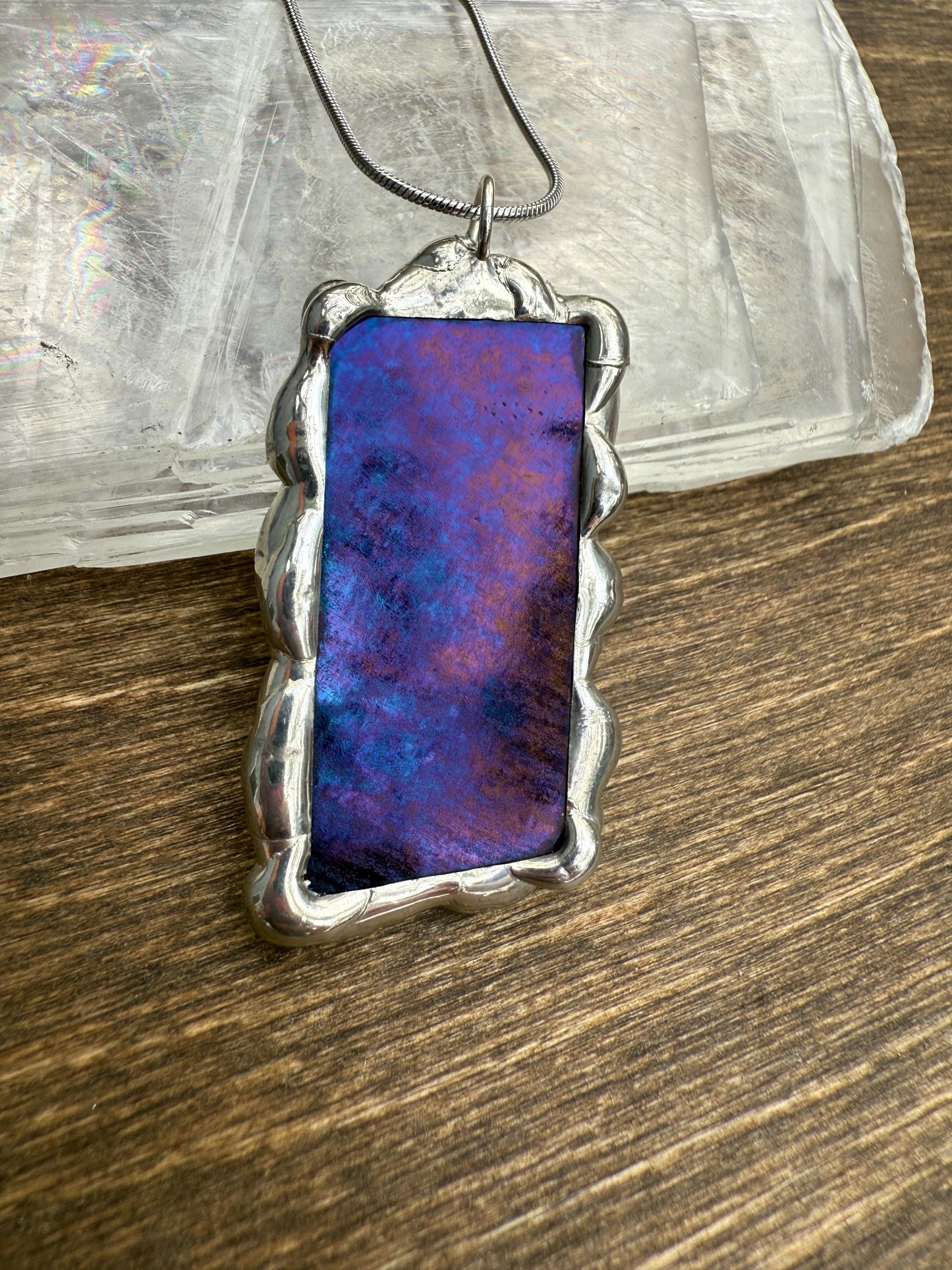 Purple + Blue Iridescent Stained Glass Pendant | Brutalist Geometric Handmade Wearable Art + Whimsigoth Fashion