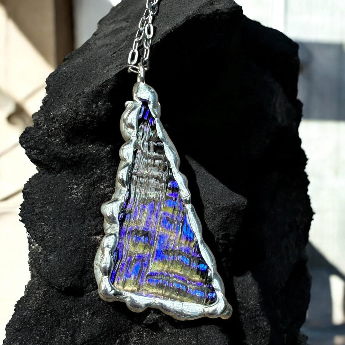 Purple + Blue Iridescent Triangle Stained Glass Pendant | Brutalist Geometric Handmade Wearable Art + Vaporwave Fashion