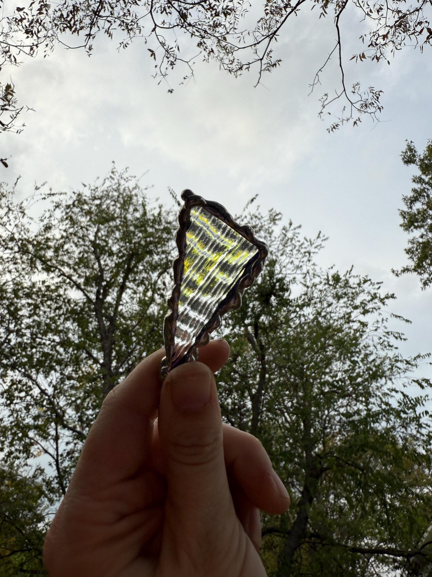 Purple + Blue Iridescent Triangle Stained Glass Pendant | Brutalist Geometric Handmade Wearable Art + Vaporwave Fashion