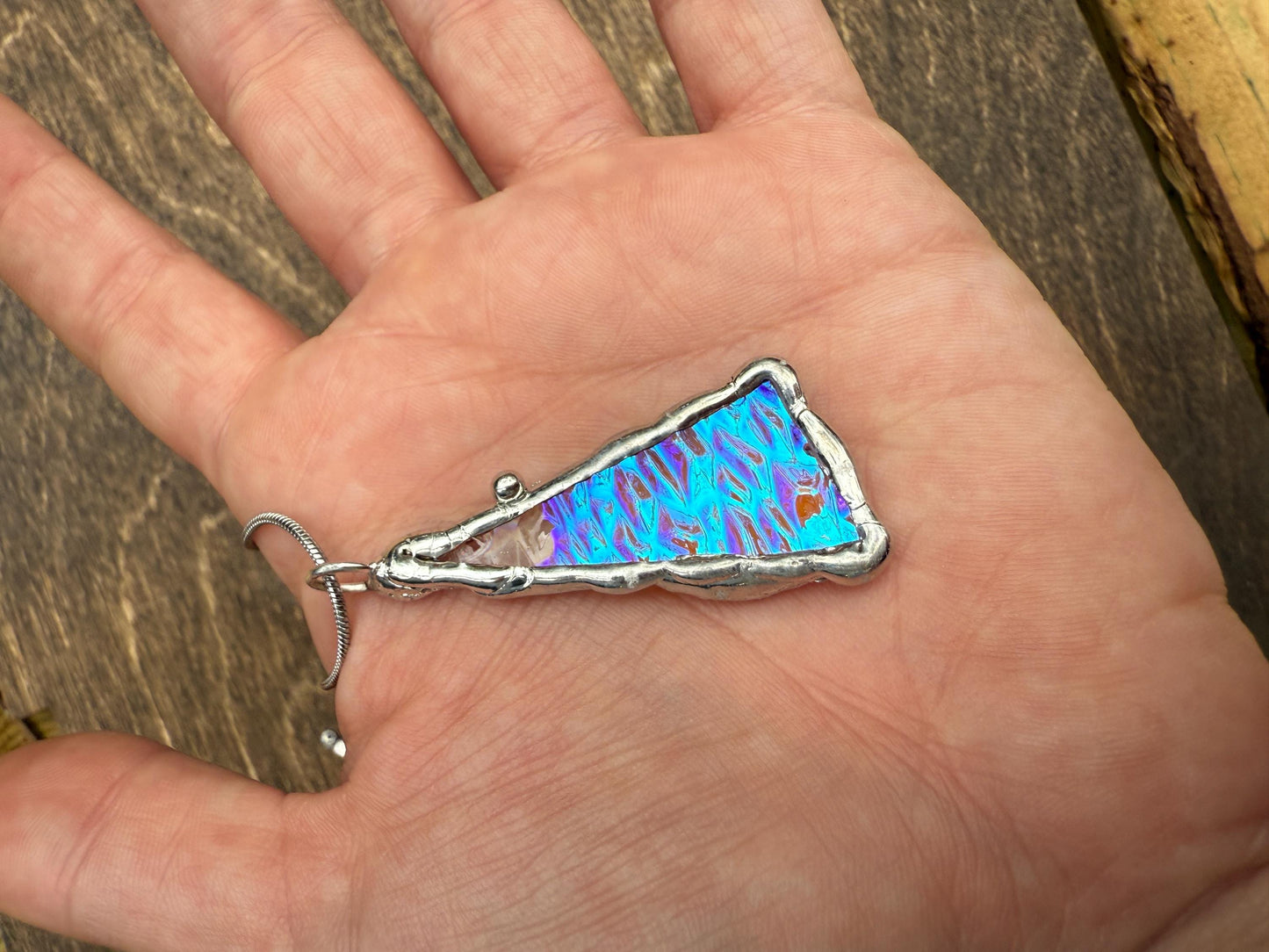 Purple + Blue Iridescent Triangle Stained Glass Pendant | Brutalist Geometric Handmade Wearable Art + Vaporwave Fashion