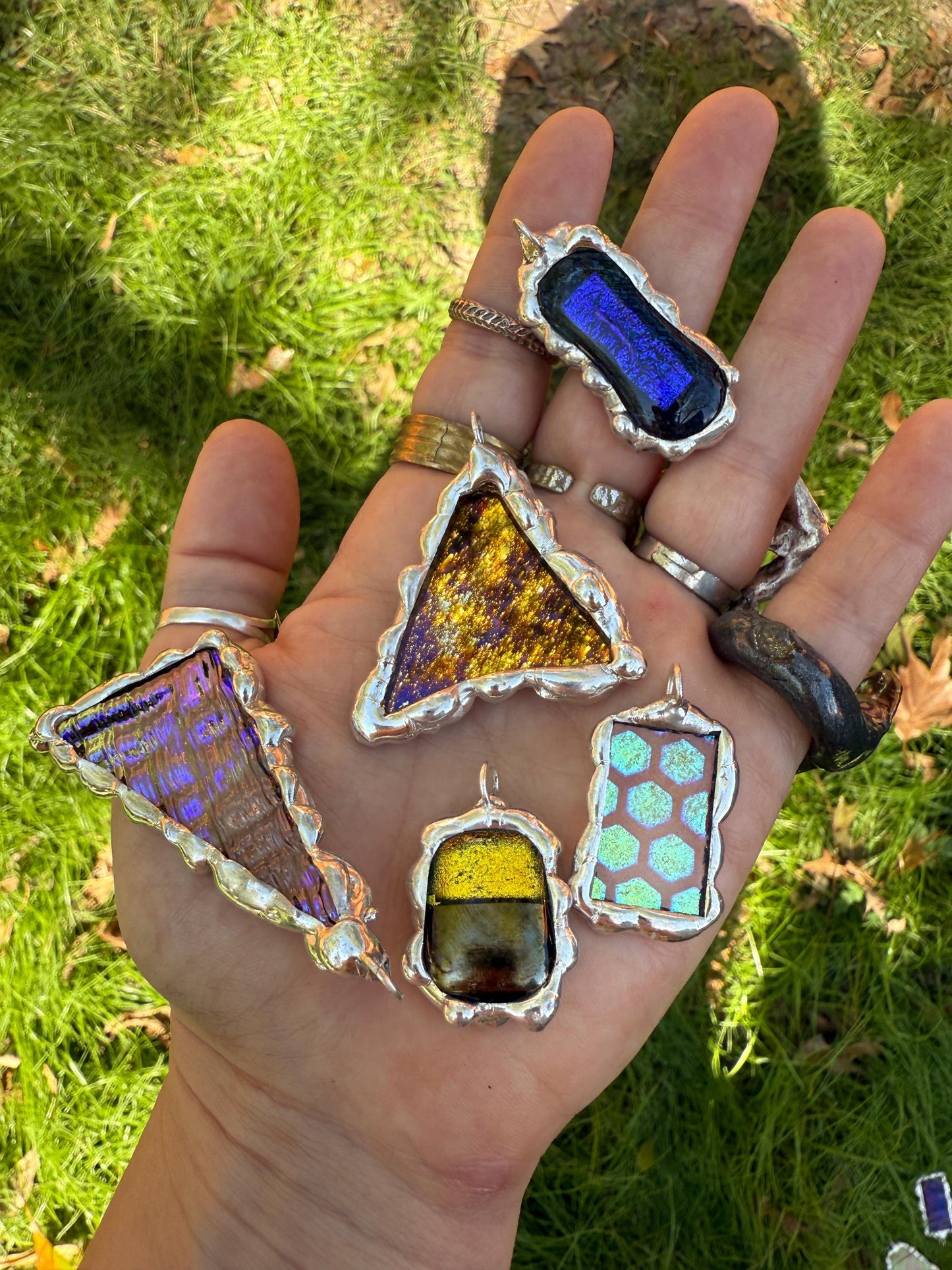 Purple + Blue Iridescent Triangle Stained Glass Pendant | Brutalist Geometric Handmade Wearable Art + Vaporwave Fashion