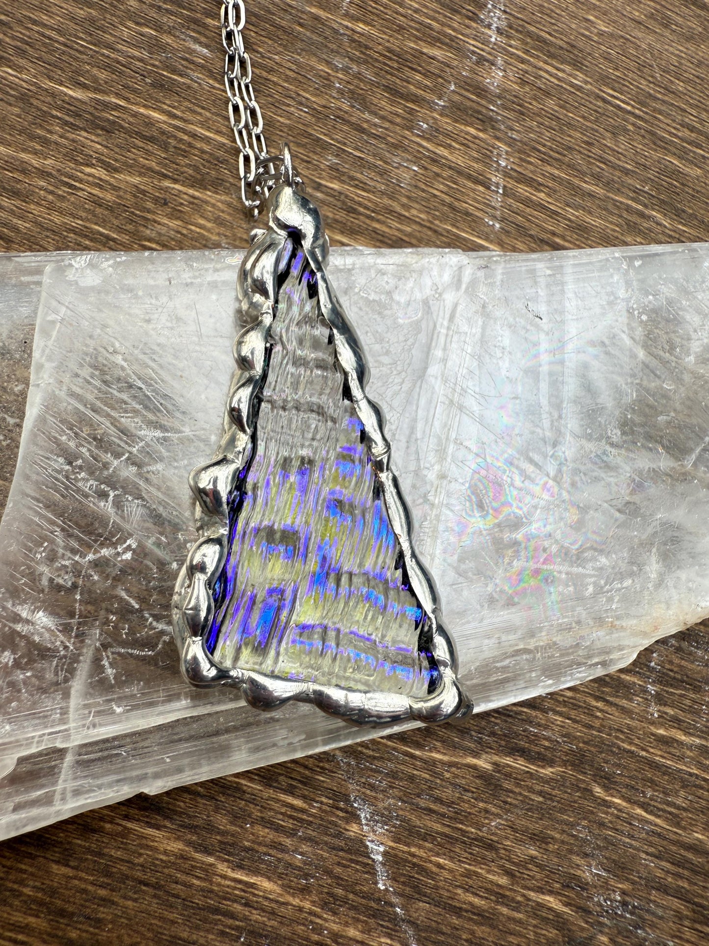 Purple + Blue Iridescent Triangle Stained Glass Pendant | Brutalist Geometric Handmade Wearable Art + Vaporwave Fashion