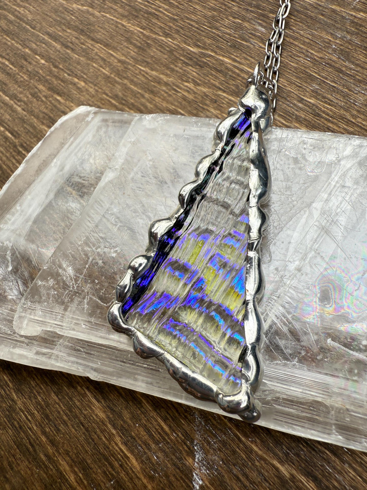 Purple + Blue Iridescent Triangle Stained Glass Pendant | Brutalist Geometric Handmade Wearable Art + Vaporwave Fashion