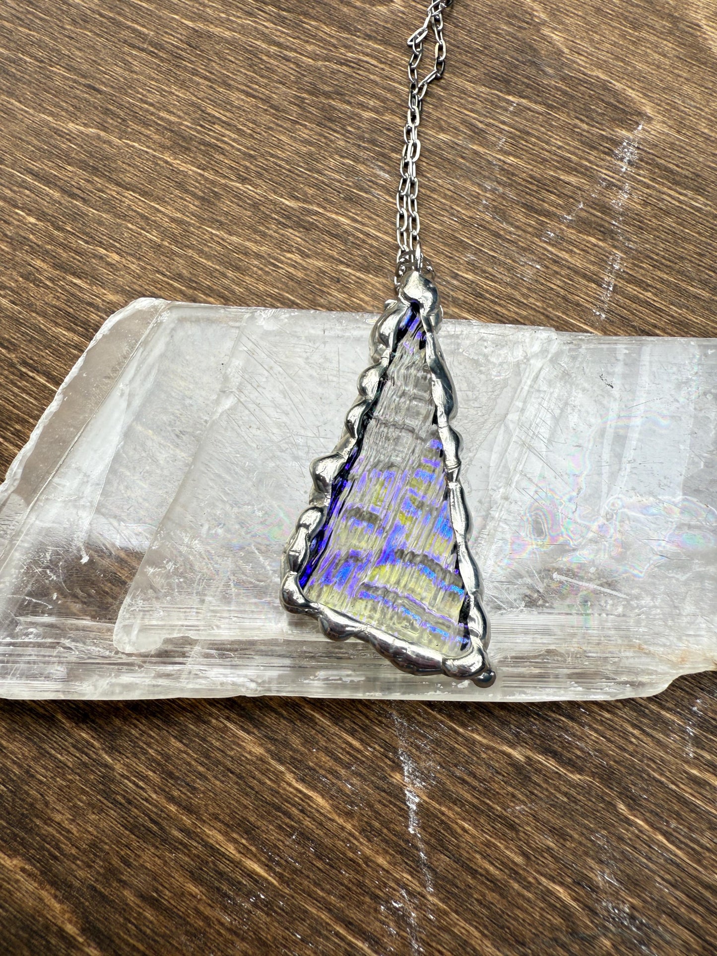 Purple + Blue Iridescent Triangle Stained Glass Pendant | Brutalist Geometric Handmade Wearable Art + Vaporwave Fashion
