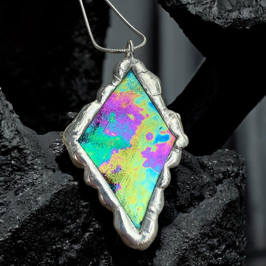 Iridescent Stained Glass Pendant | Diamond Shaped Handmade Wearable Art + Rave Fashion for Fantasy Lovers
