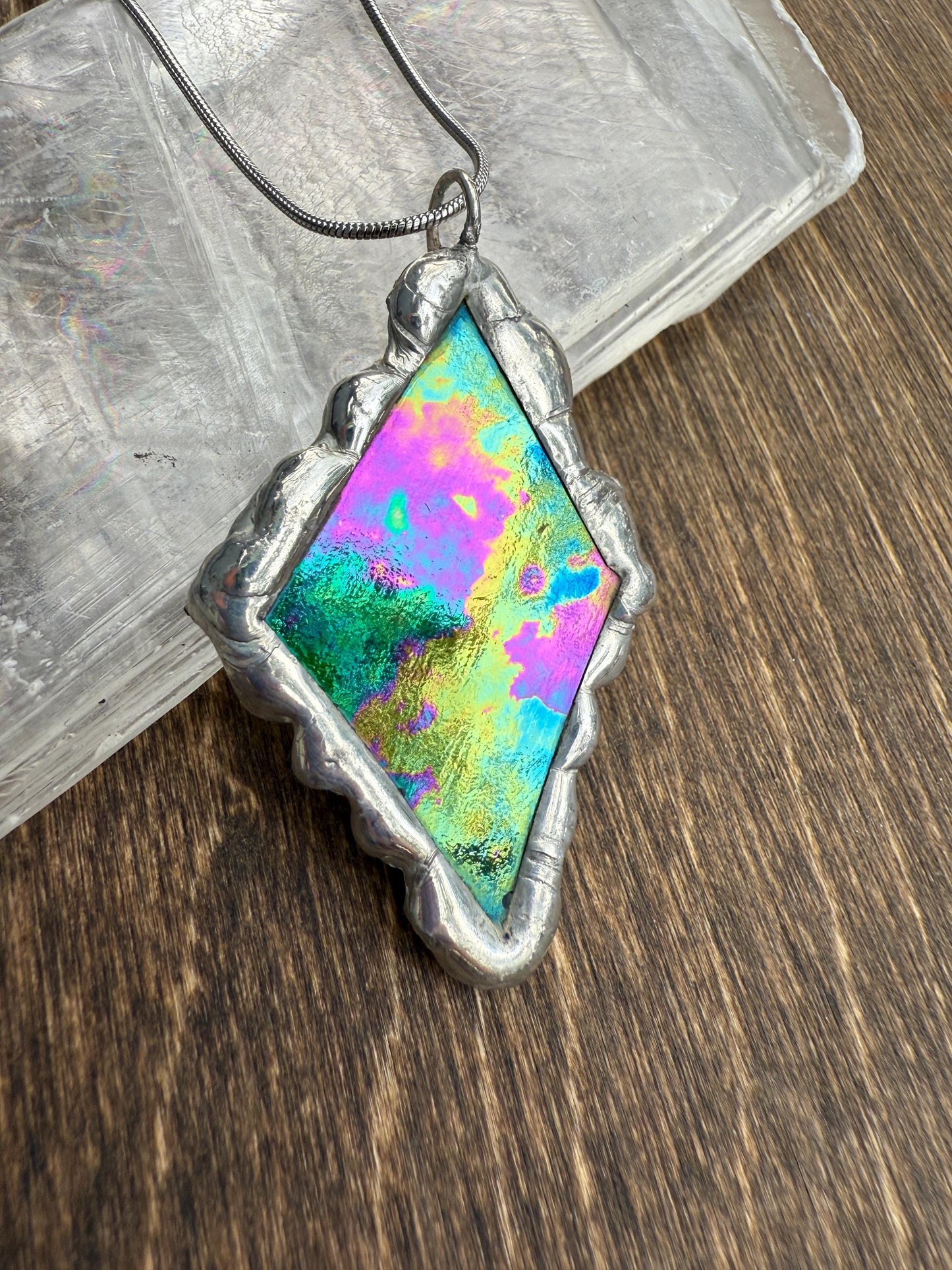 Iridescent Stained Glass Pendant | Diamond Shaped Handmade Wearable Art + Rave Fashion for Fantasy Lovers