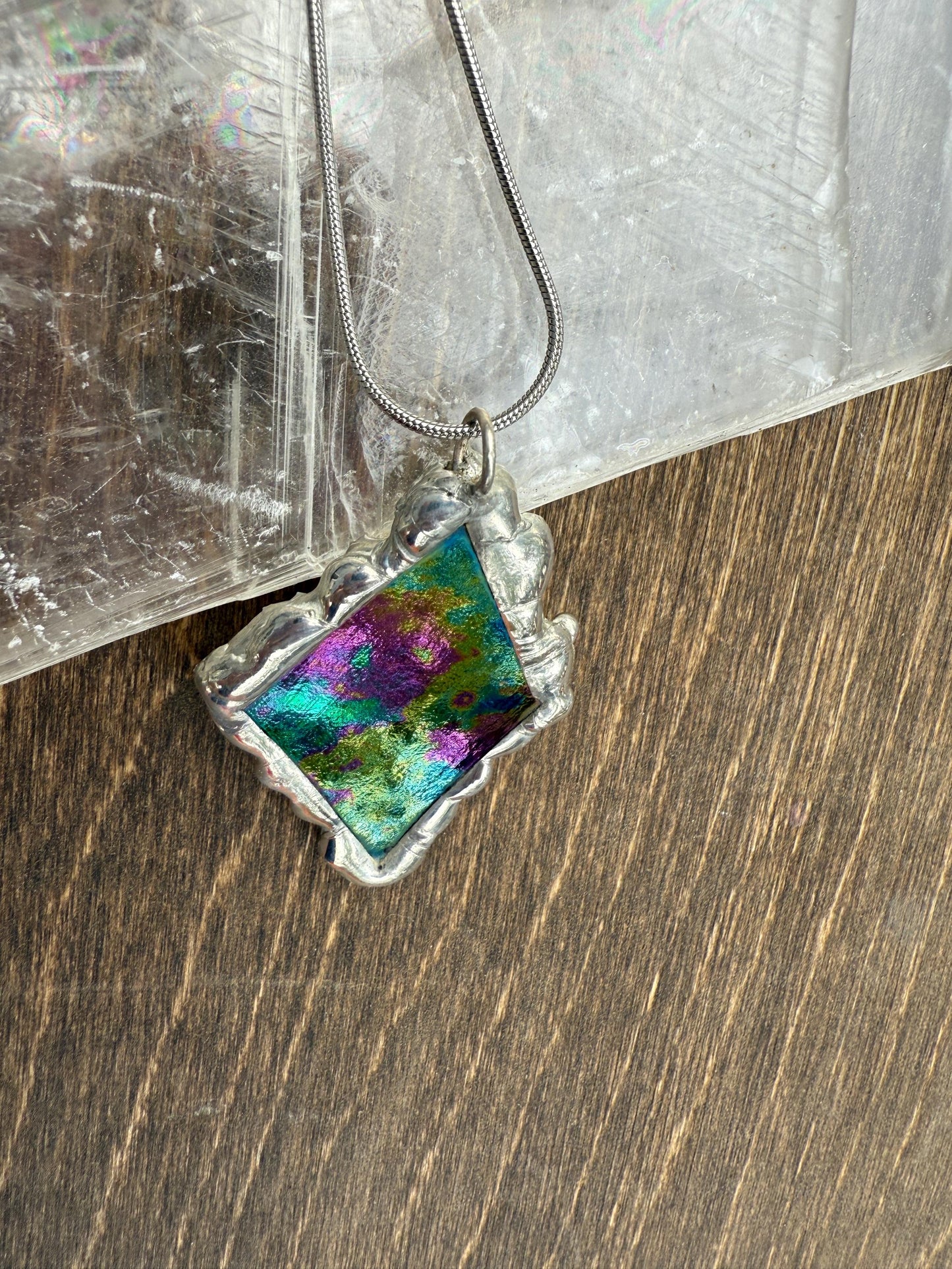 Iridescent Stained Glass Pendant | Diamond Shaped Handmade Wearable Art + Rave Fashion for Fantasy Lovers