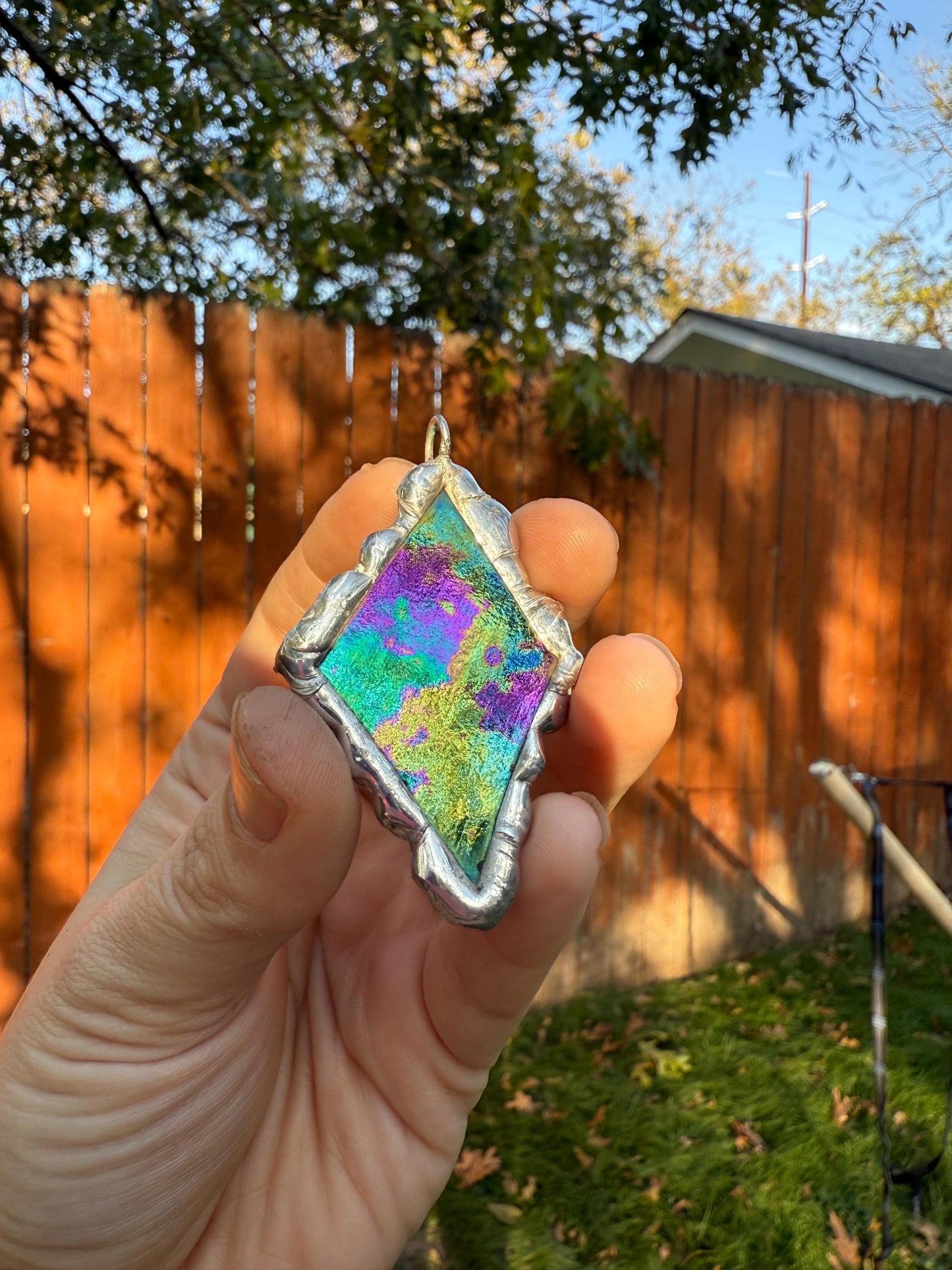 Iridescent Stained Glass Pendant | Diamond Shaped Handmade Wearable Art + Rave Fashion for Fantasy Lovers