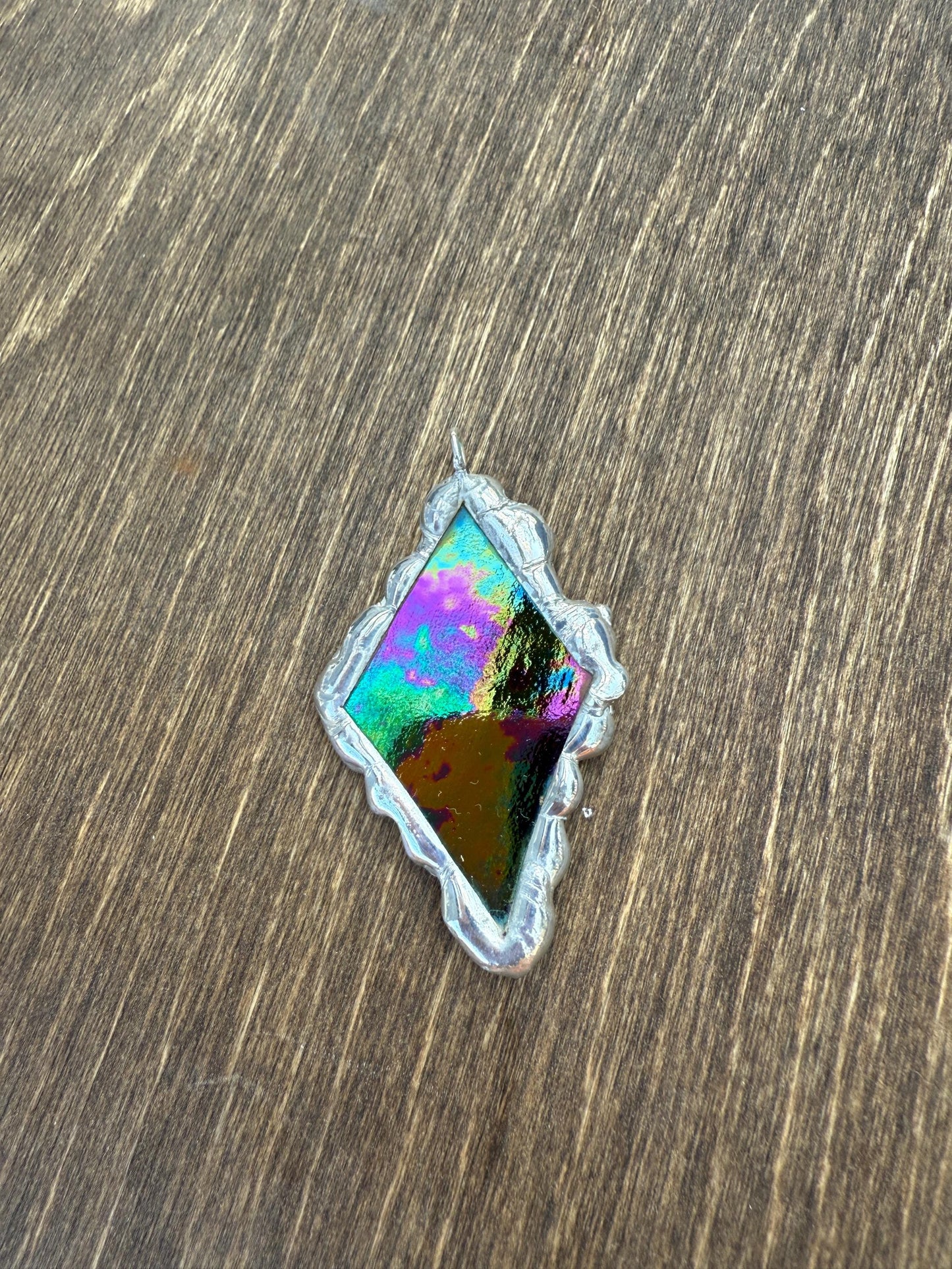 Iridescent Stained Glass Pendant | Diamond Shaped Handmade Wearable Art + Rave Fashion for Fantasy Lovers