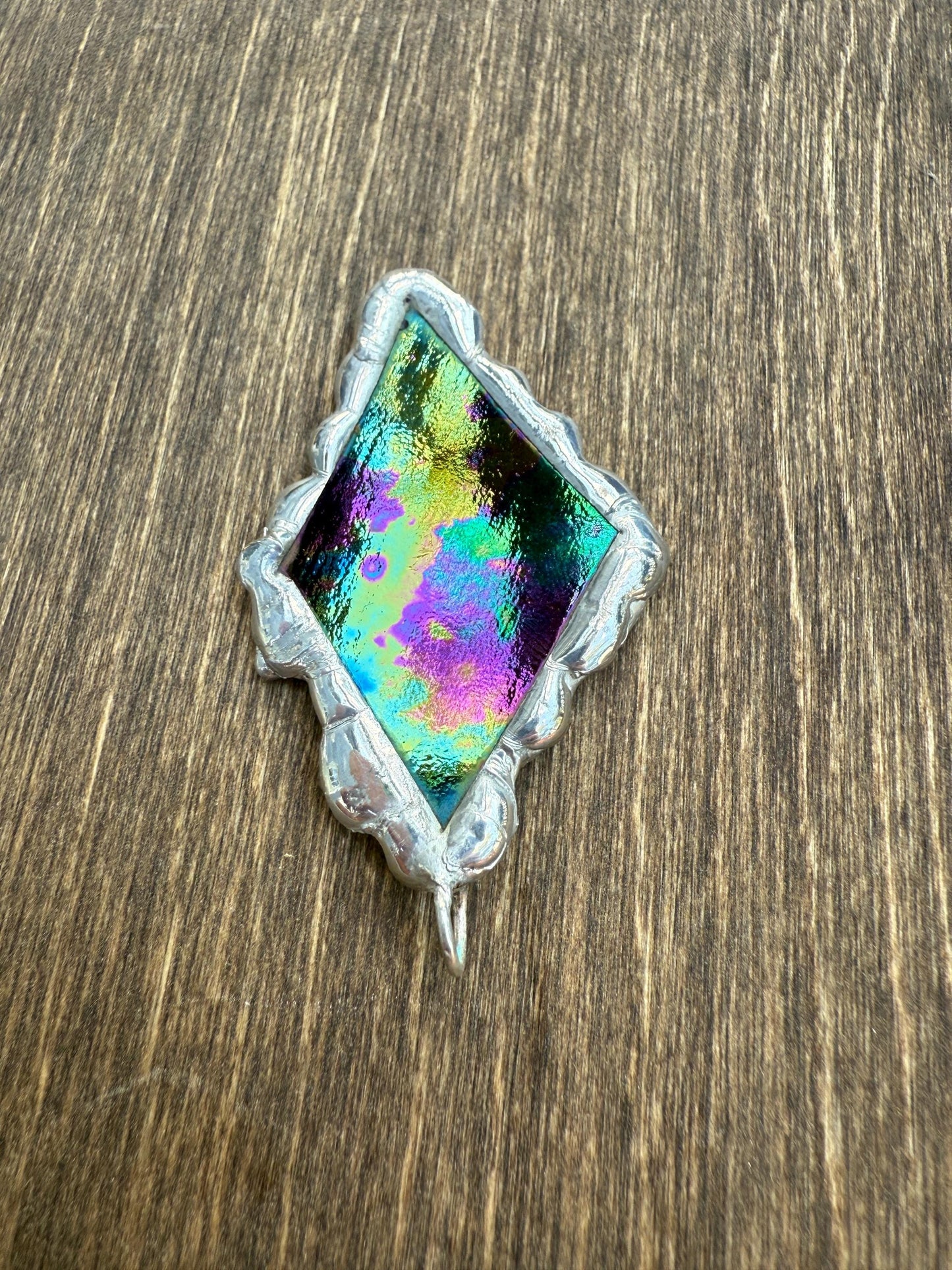 Iridescent Stained Glass Pendant | Diamond Shaped Handmade Wearable Art + Rave Fashion for Fantasy Lovers