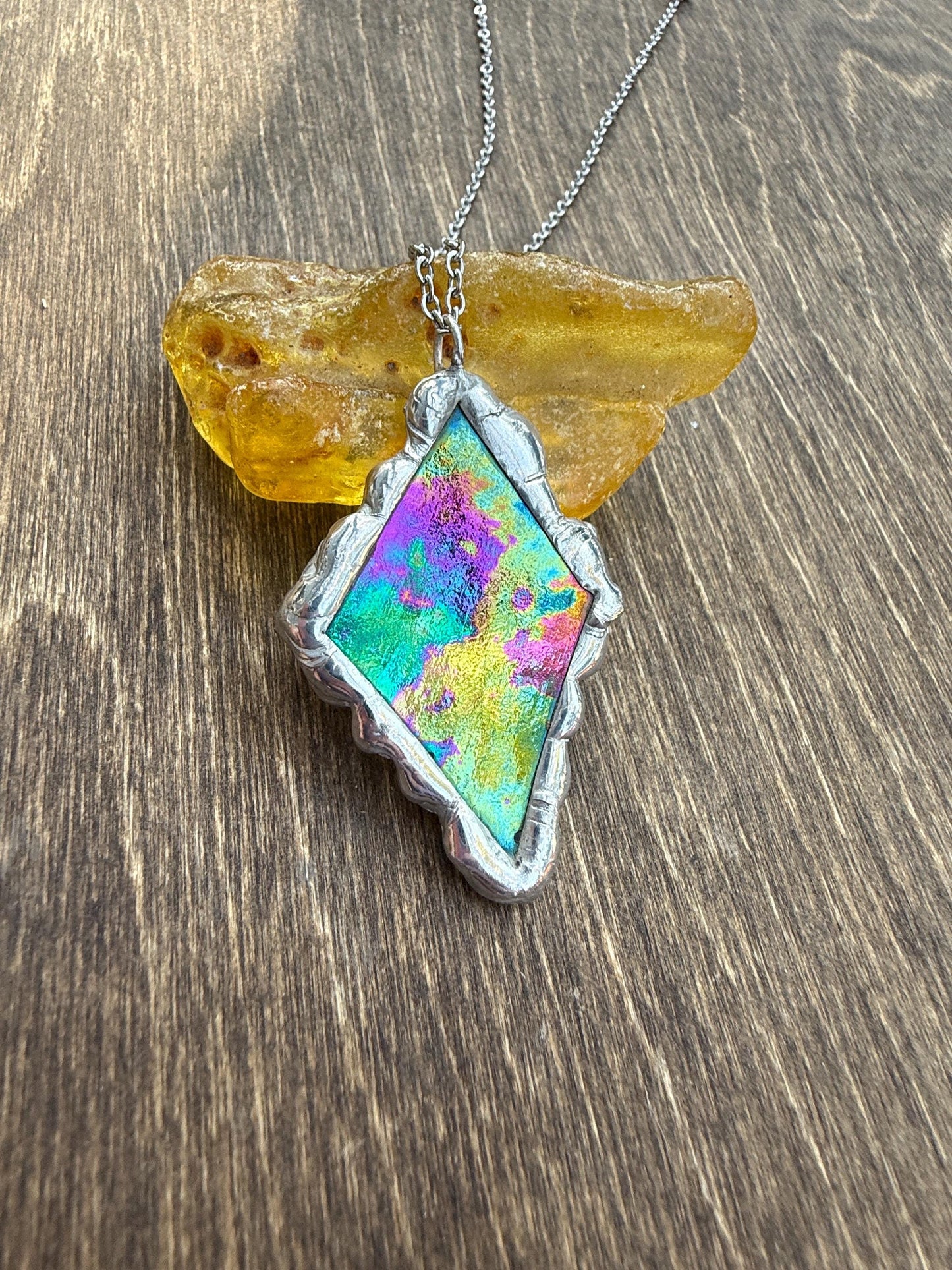 Iridescent Stained Glass Pendant | Diamond Shaped Handmade Wearable Art + Rave Fashion for Fantasy Lovers