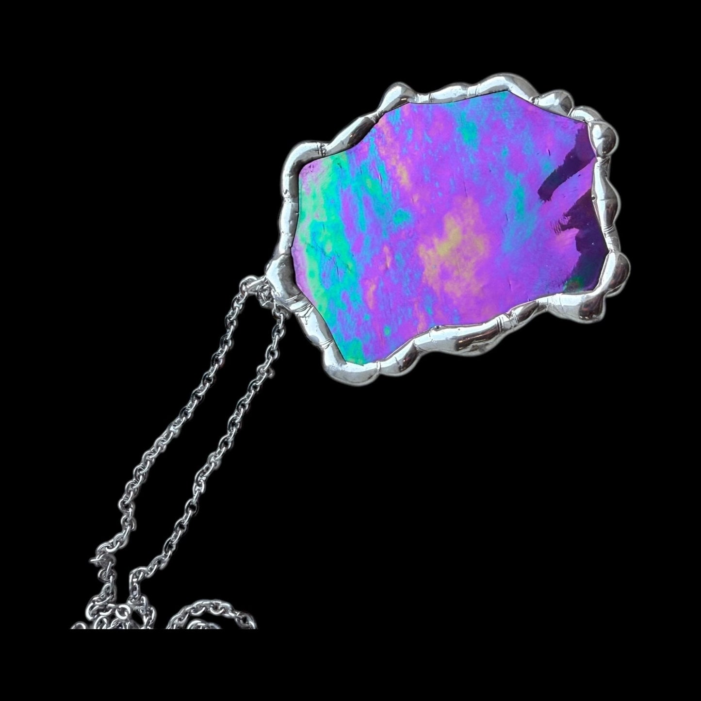 Iridescent Stained Glass Pendant | Diamond Shaped Handmade Wearable Art + Rave Fashion for Fantasy Lovers