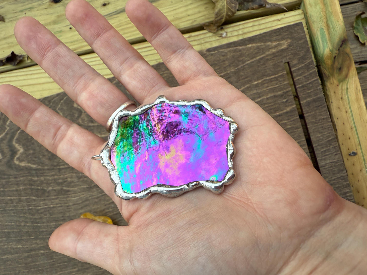 Iridescent Stained Glass Pendant | Diamond Shaped Handmade Wearable Art + Rave Fashion for Fantasy Lovers