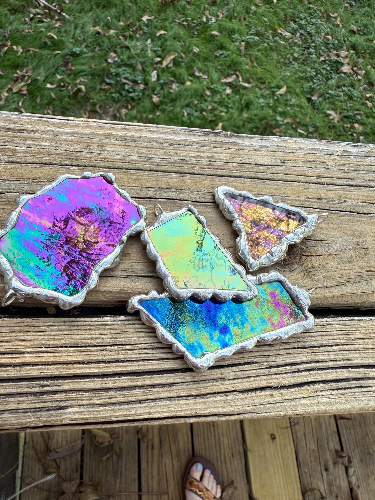 Iridescent Stained Glass Pendant | Diamond Shaped Handmade Wearable Art + Rave Fashion for Fantasy Lovers