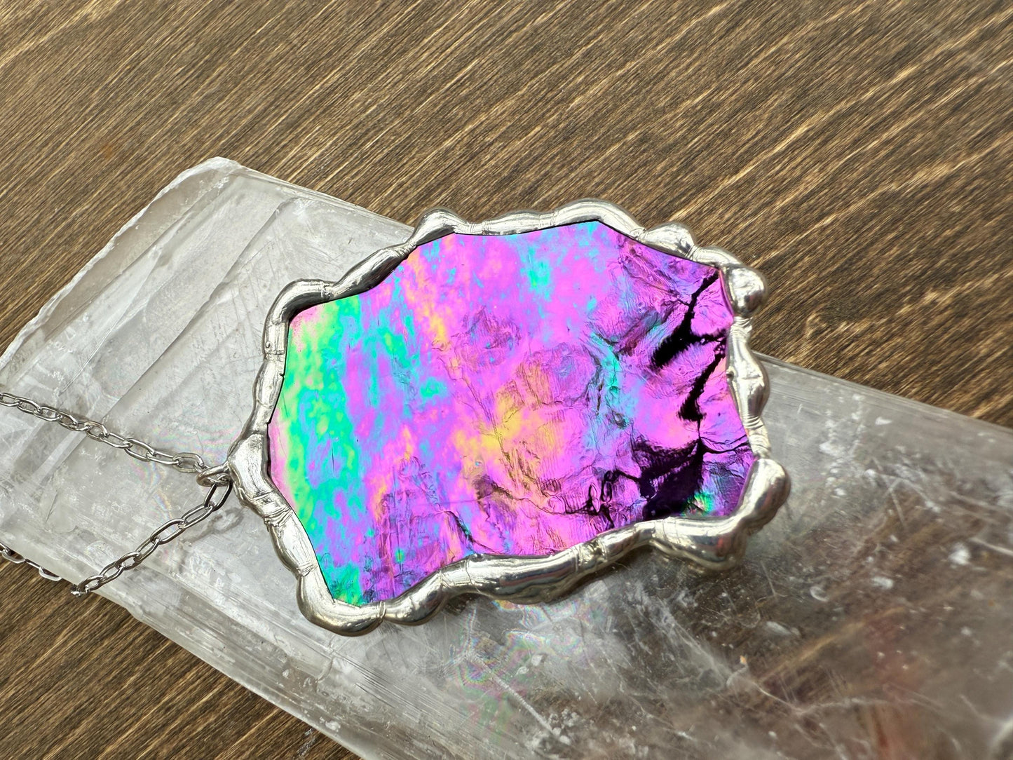 Iridescent Stained Glass Pendant | Diamond Shaped Handmade Wearable Art + Rave Fashion for Fantasy Lovers