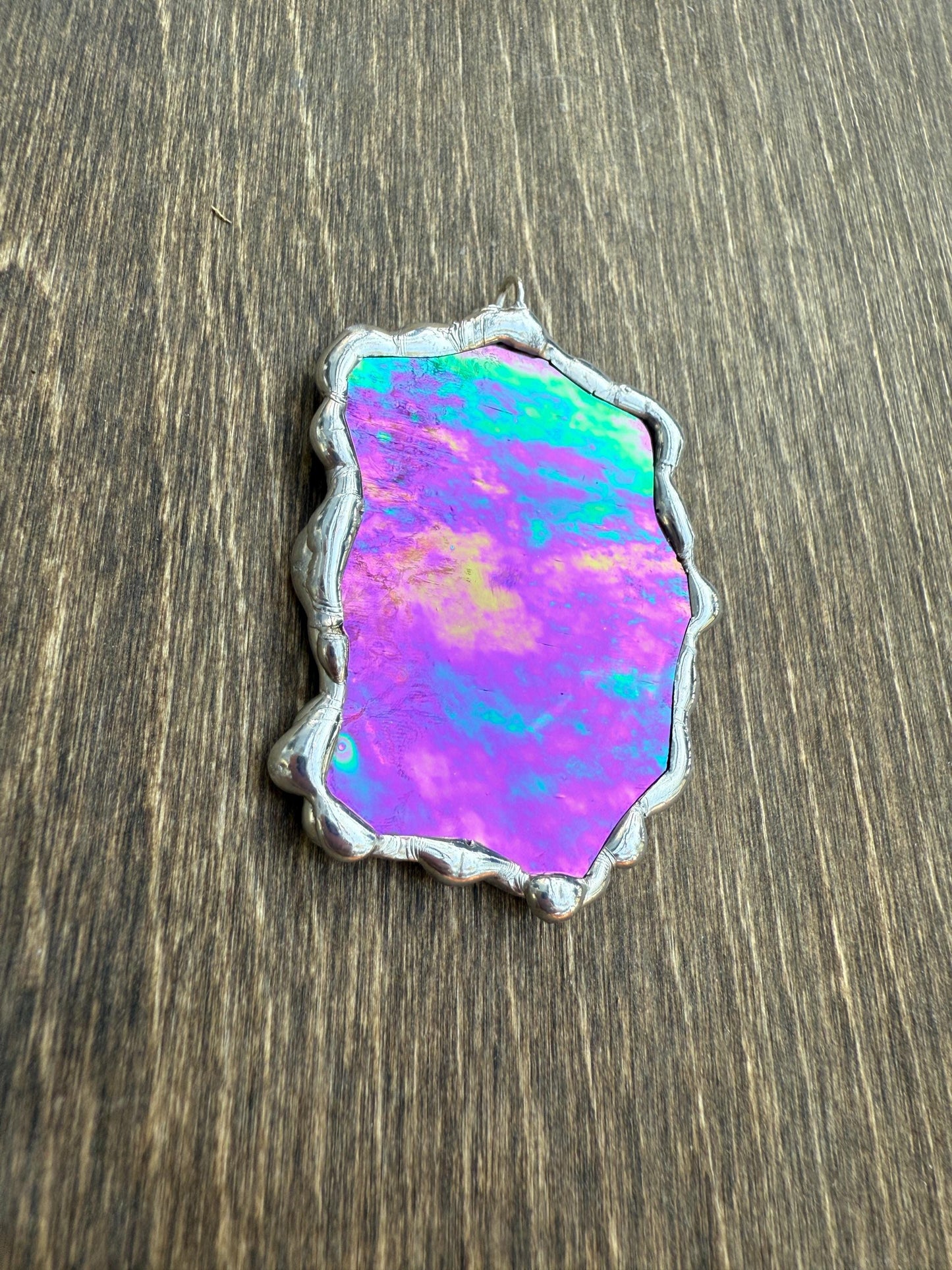 Iridescent Stained Glass Pendant | Diamond Shaped Handmade Wearable Art + Rave Fashion for Fantasy Lovers