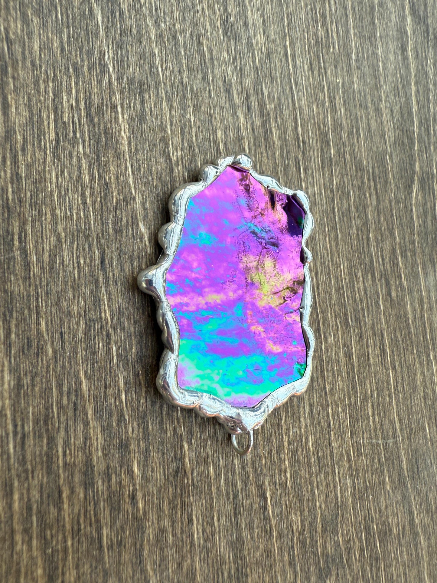 Iridescent Stained Glass Pendant | Diamond Shaped Handmade Wearable Art + Rave Fashion for Fantasy Lovers