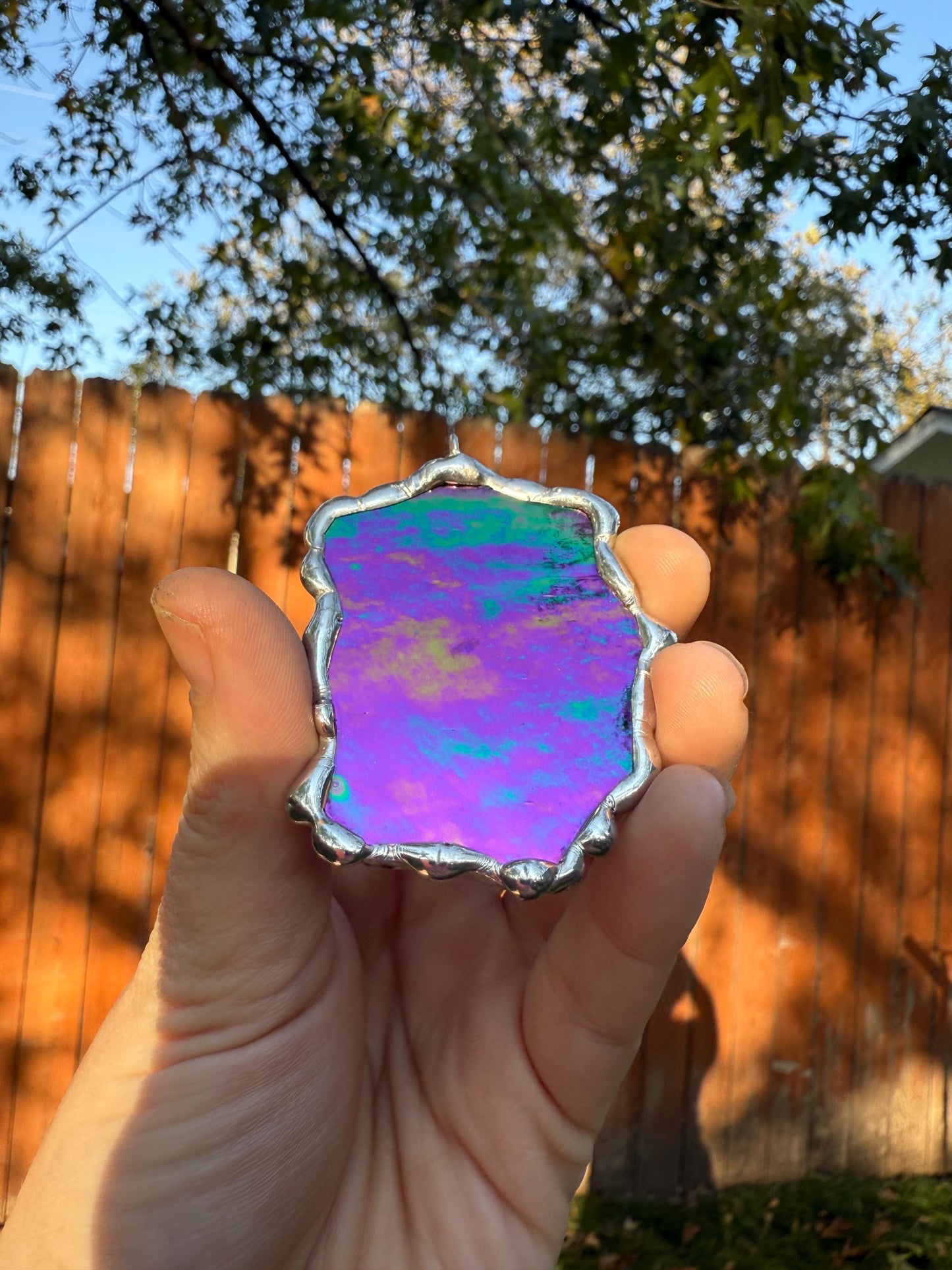 Iridescent Stained Glass Pendant | Diamond Shaped Handmade Wearable Art + Rave Fashion for Fantasy Lovers