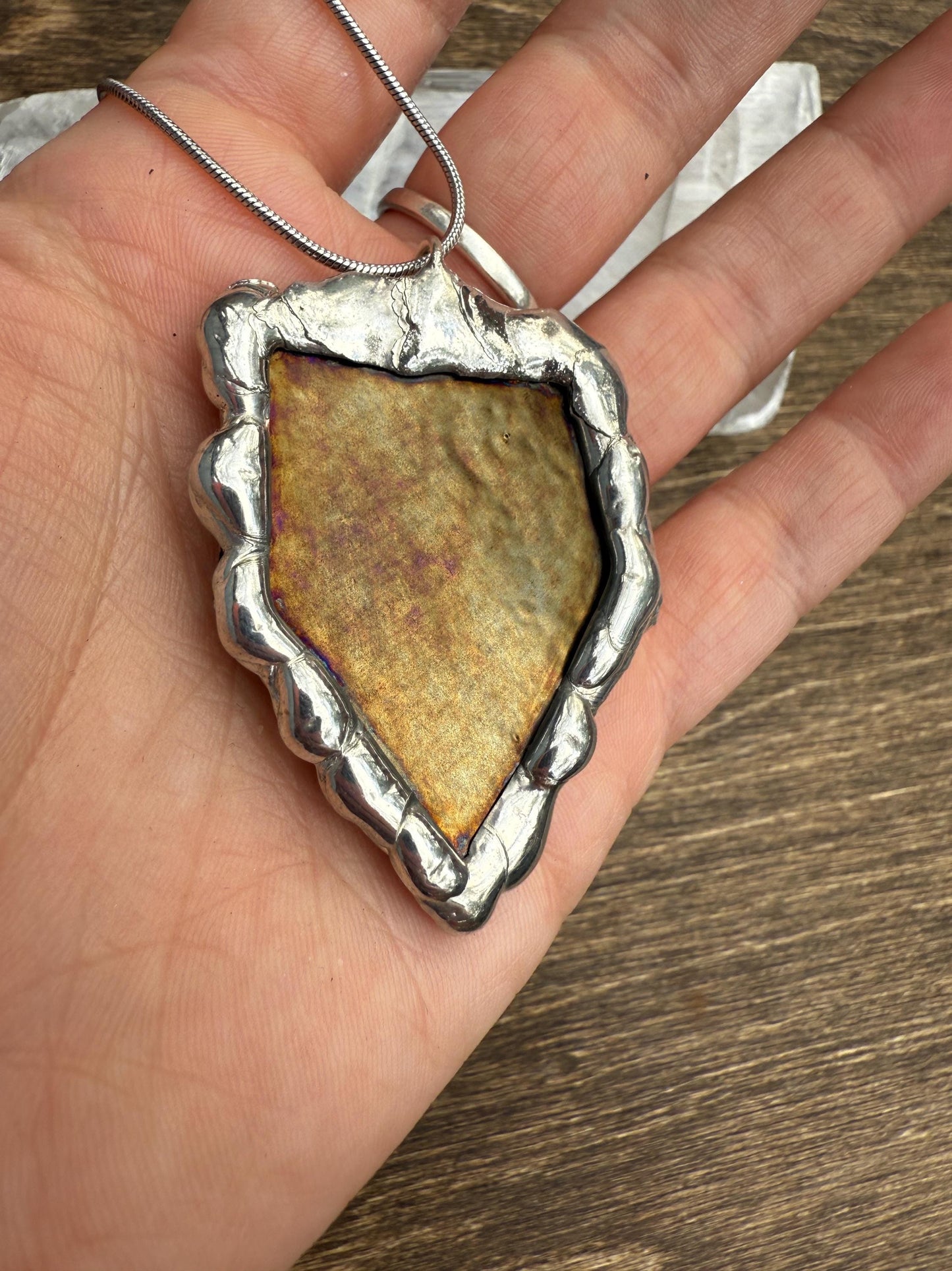 Gold Stained Glass Pendant | Diamond Shaped Handmade Wearable Art + Rave Fashion for Fantasy Lovers