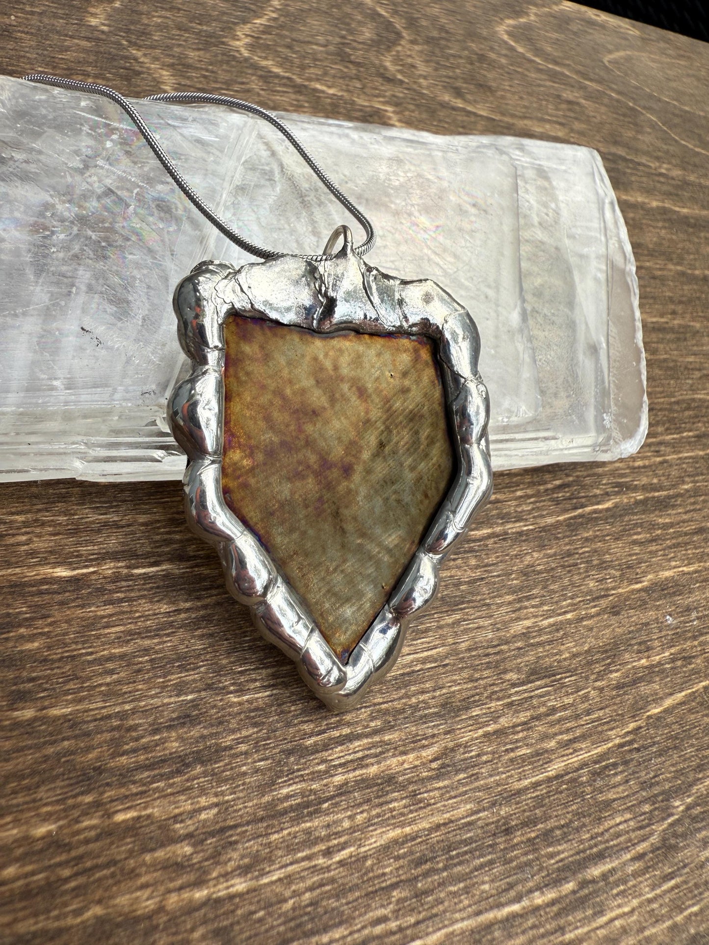 Gold Stained Glass Pendant | Diamond Shaped Handmade Wearable Art + Rave Fashion for Fantasy Lovers