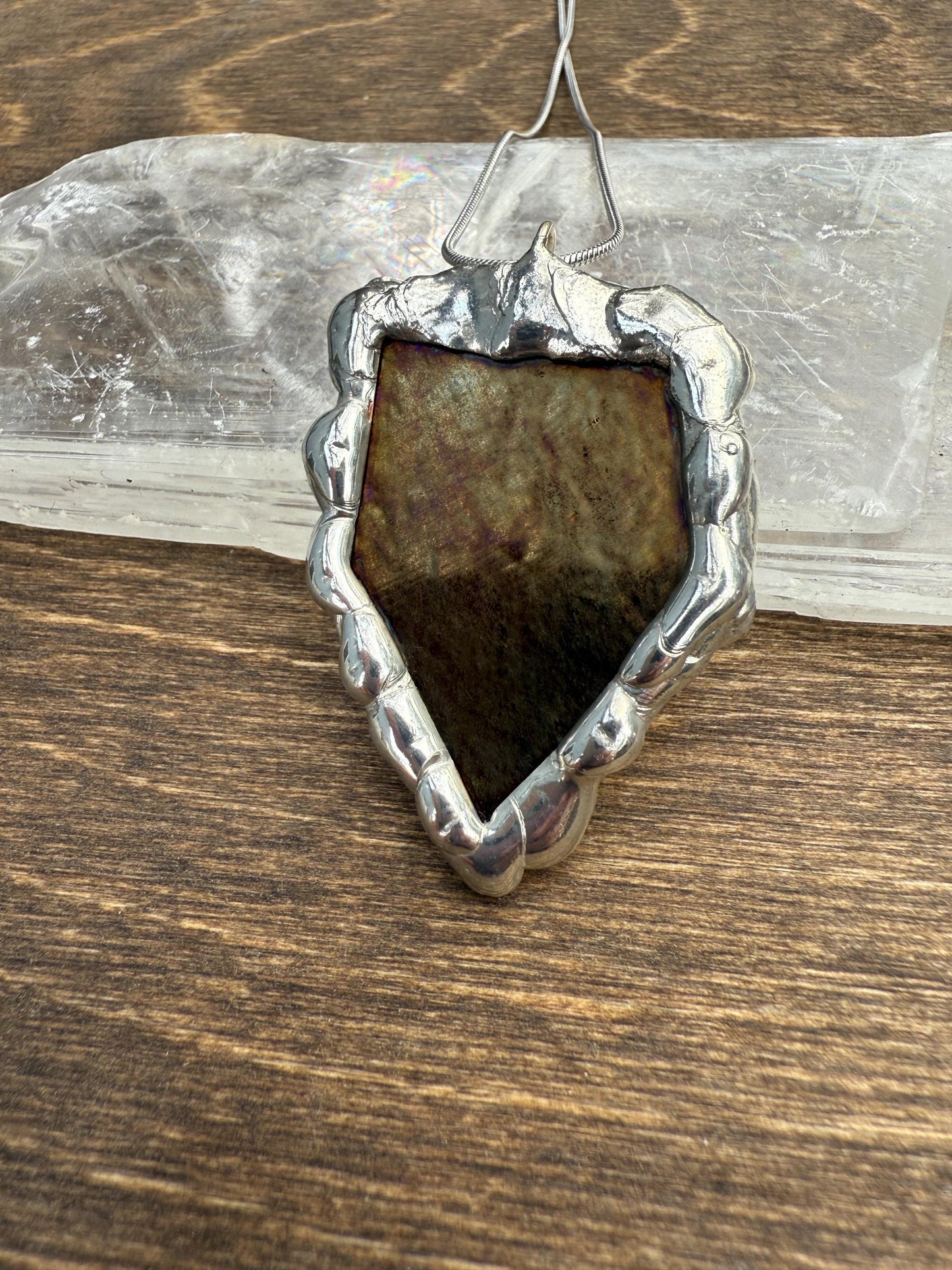 Gold Stained Glass Pendant | Diamond Shaped Handmade Wearable Art + Rave Fashion for Fantasy Lovers