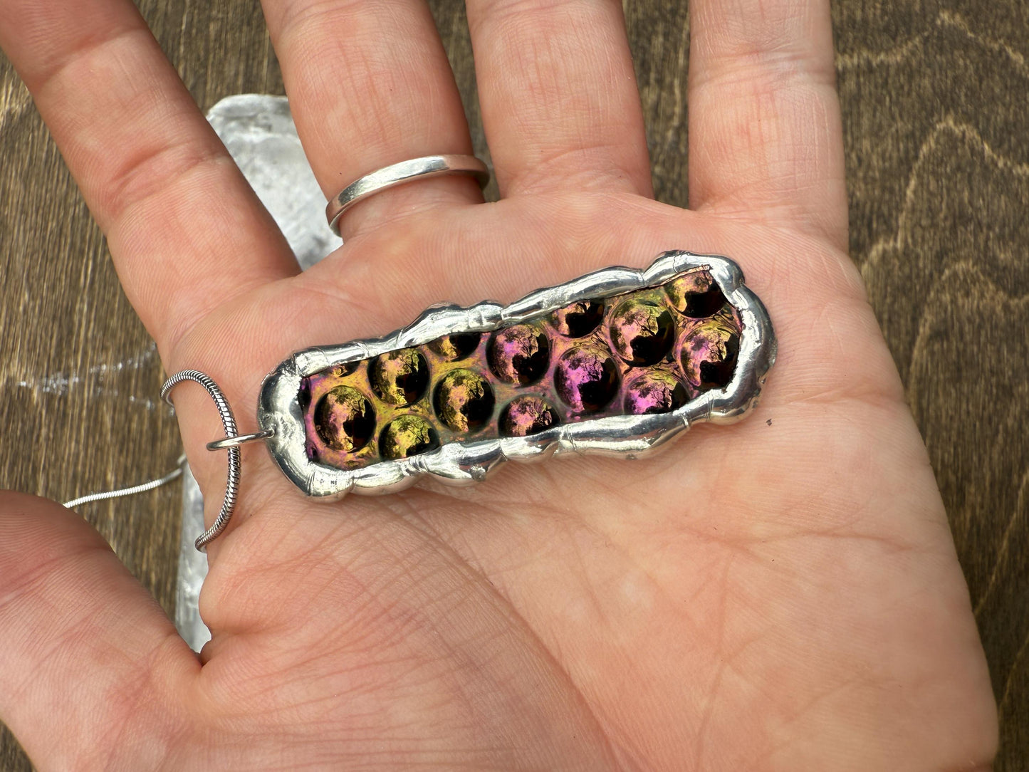 Cyber Bubble Iridescent Stained Glass Pendant | Vaporwave Brutalist Handmade Wearable Art + Whimsigoth Fashion