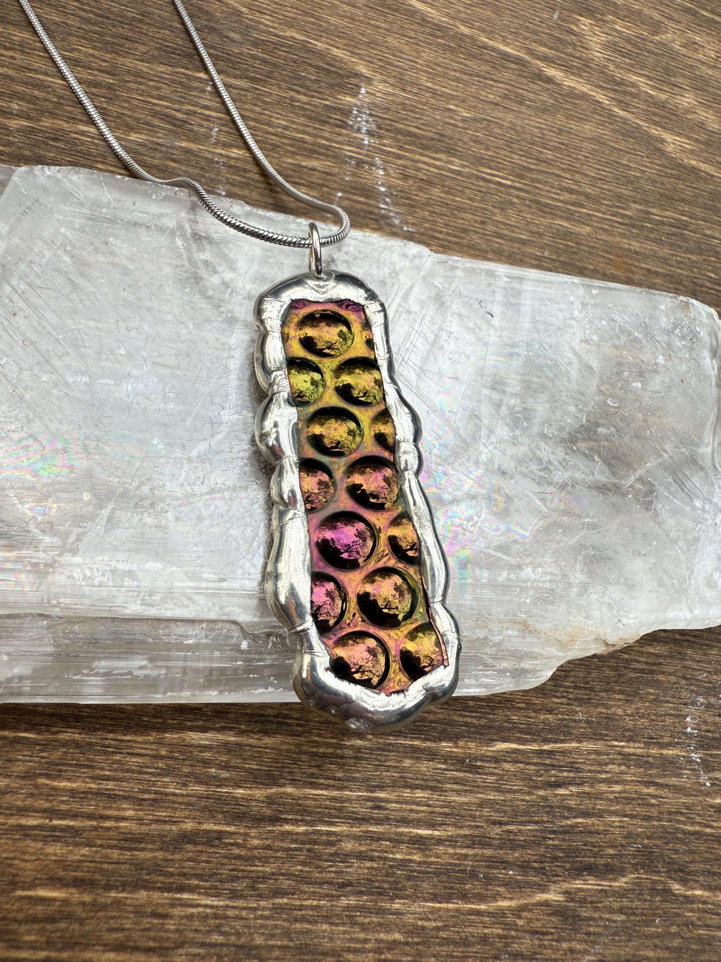 Cyber Bubble Iridescent Stained Glass Pendant | Vaporwave Brutalist Handmade Wearable Art + Whimsigoth Fashion