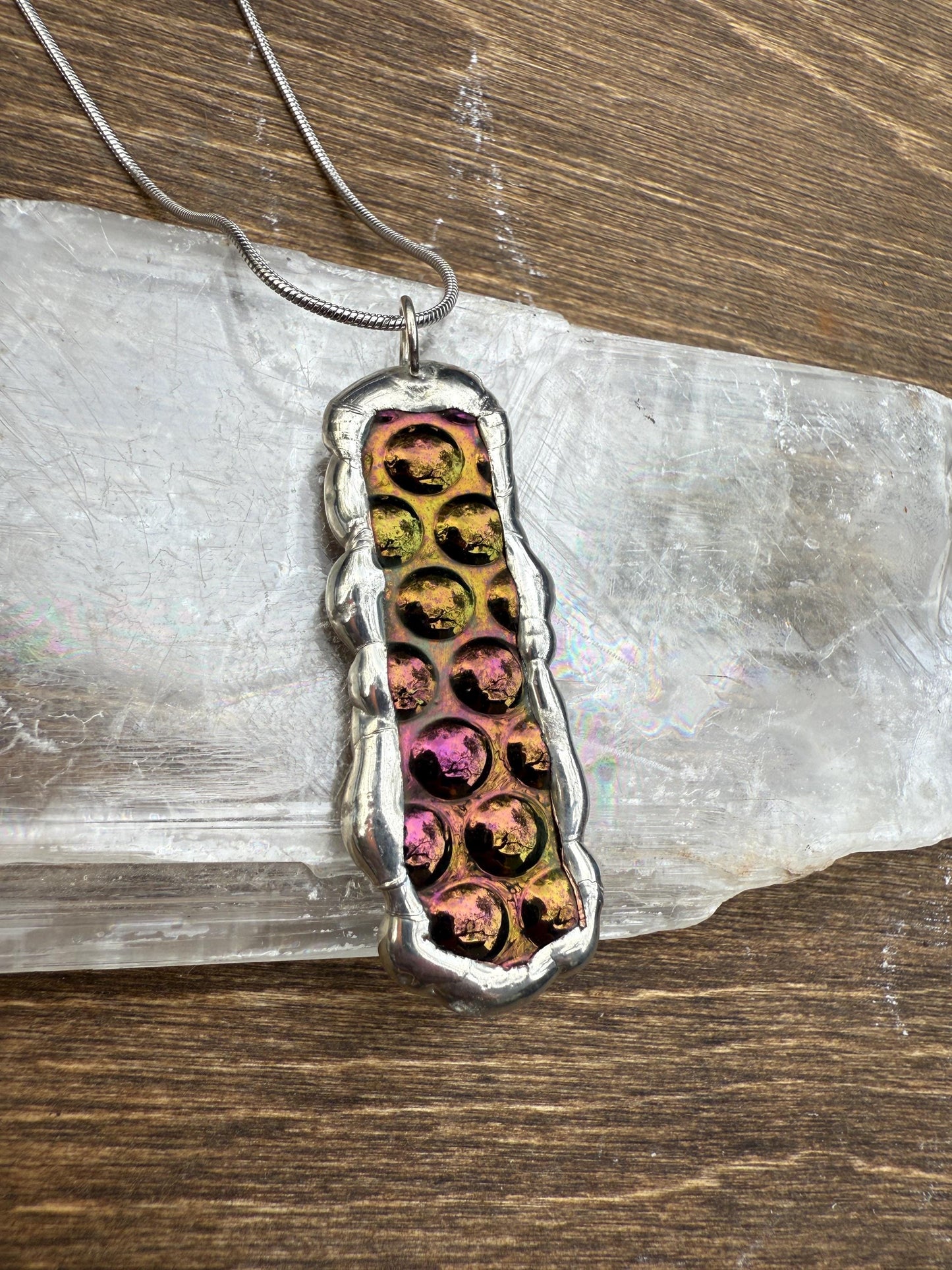 Cyber Bubble Iridescent Stained Glass Pendant | Vaporwave Brutalist Handmade Wearable Art + Whimsigoth Fashion