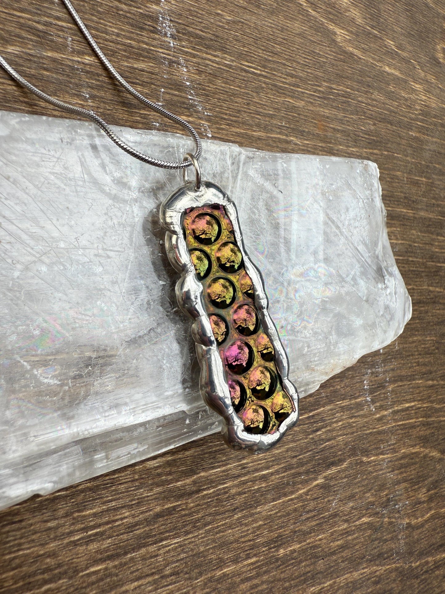 Cyber Bubble Iridescent Stained Glass Pendant | Vaporwave Brutalist Handmade Wearable Art + Whimsigoth Fashion