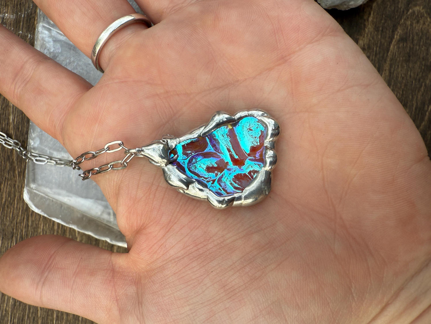 Blue Bubble Iridescent Stained Glass Pendant | Vaporwave Brutalist Handmade Wearable Art + Whimsigoth Fashion