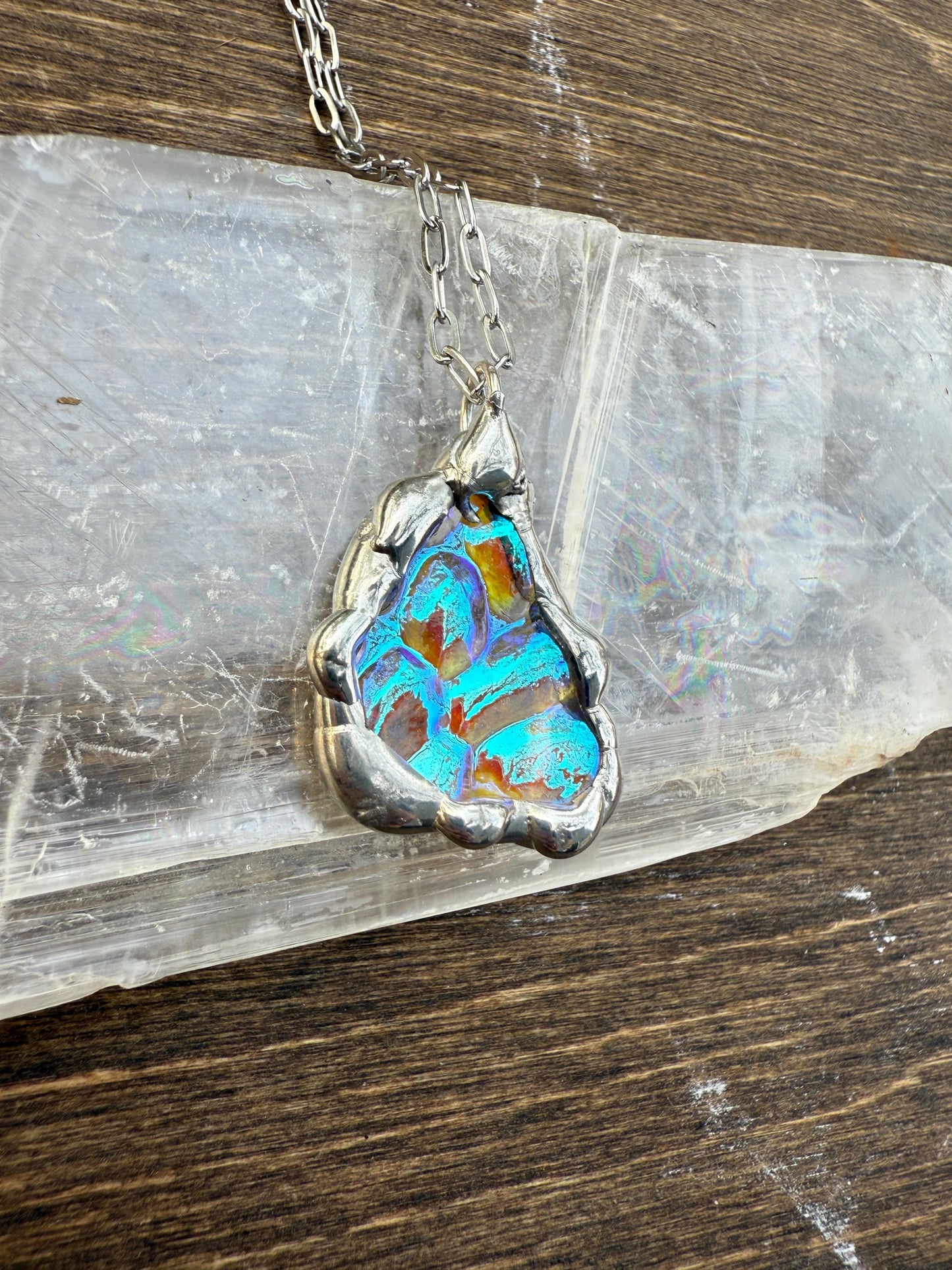 Blue Bubble Iridescent Stained Glass Pendant | Vaporwave Brutalist Handmade Wearable Art + Whimsigoth Fashion