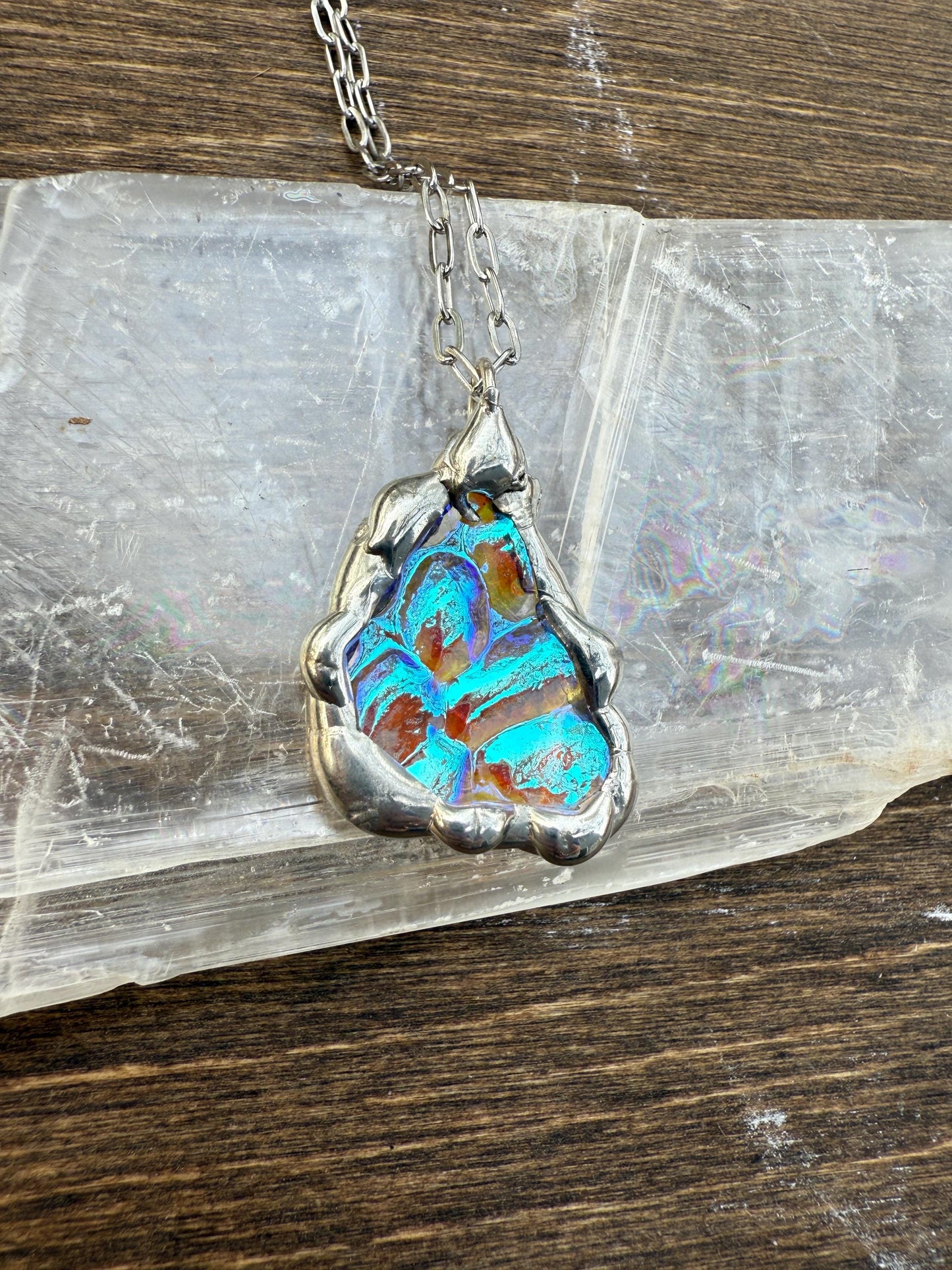 Blue Bubble Iridescent Stained Glass Pendant | Vaporwave Brutalist Handmade Wearable Art + Whimsigoth Fashion