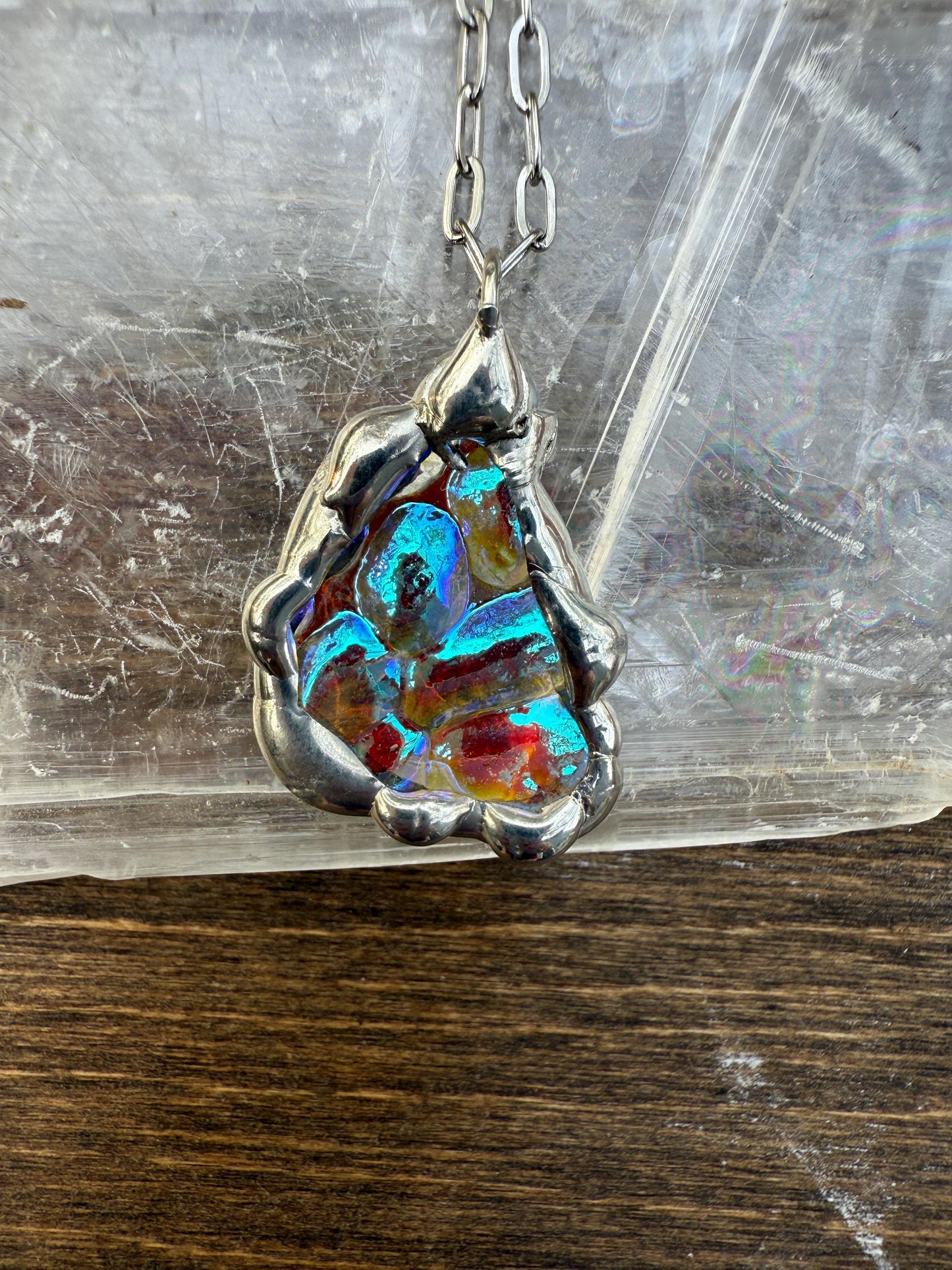 Blue Bubble Iridescent Stained Glass Pendant | Vaporwave Brutalist Handmade Wearable Art + Whimsigoth Fashion