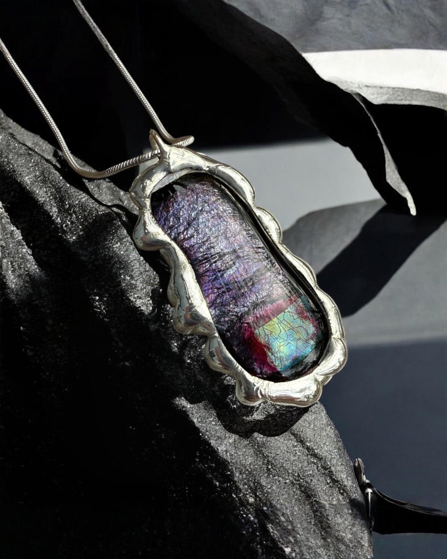 Purple Iridescent Fused Glass Pendant | Vaporwave Brutalist Handmade Wearable Art + Whimsigoth Fashion