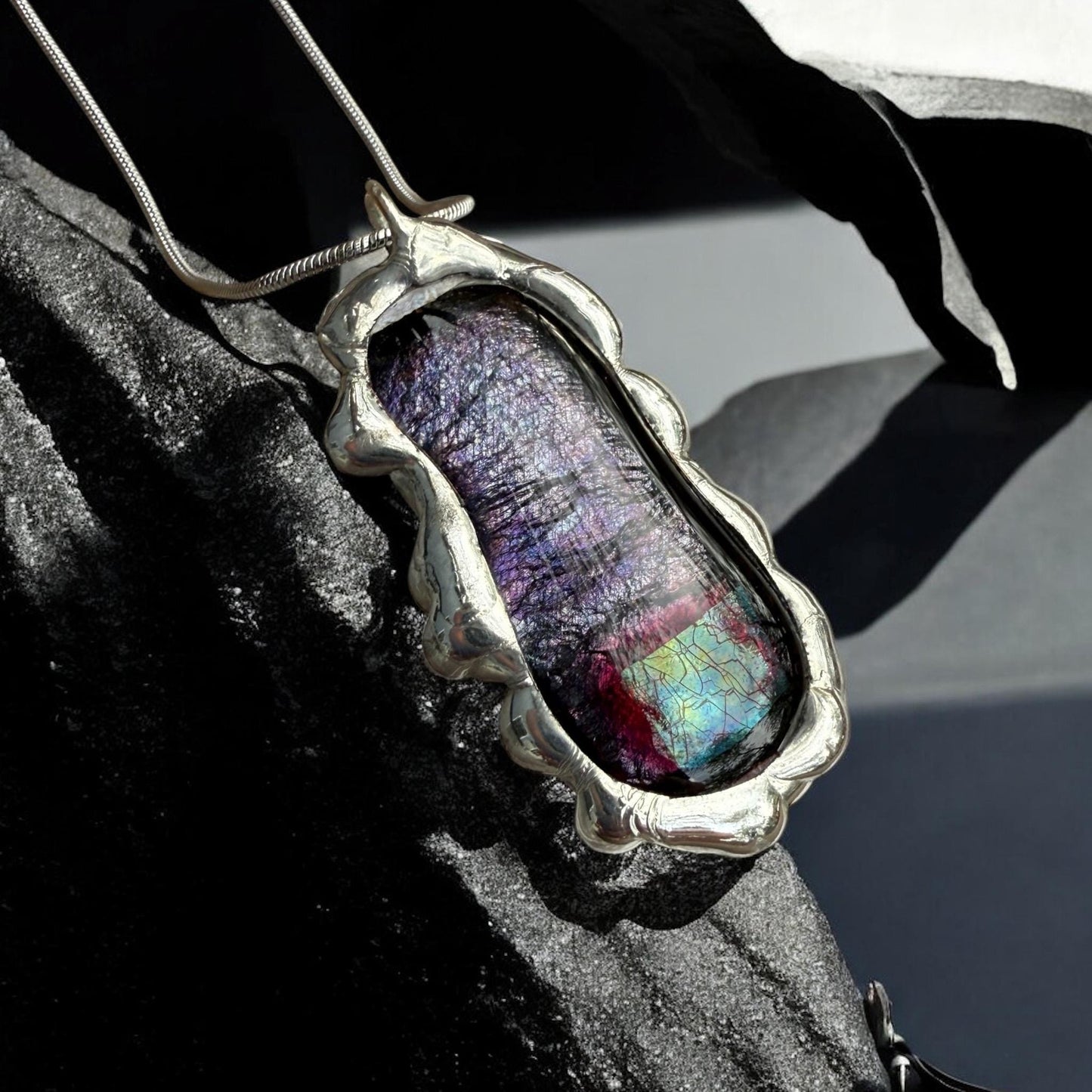 Purple Iridescent Fused Glass Pendant | Vaporwave Brutalist Handmade Wearable Art + Whimsigoth Fashion