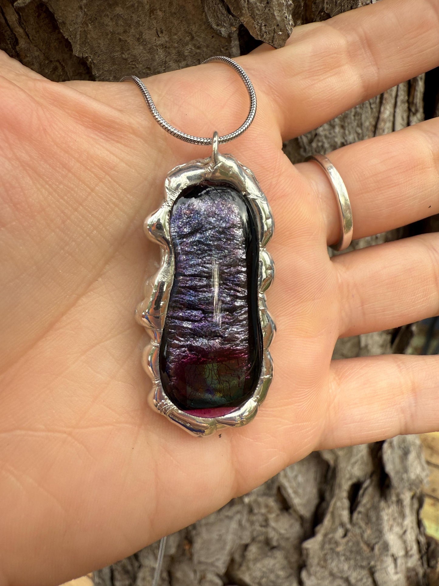 Purple Iridescent Fused Glass Pendant | Vaporwave Brutalist Handmade Wearable Art + Whimsigoth Fashion